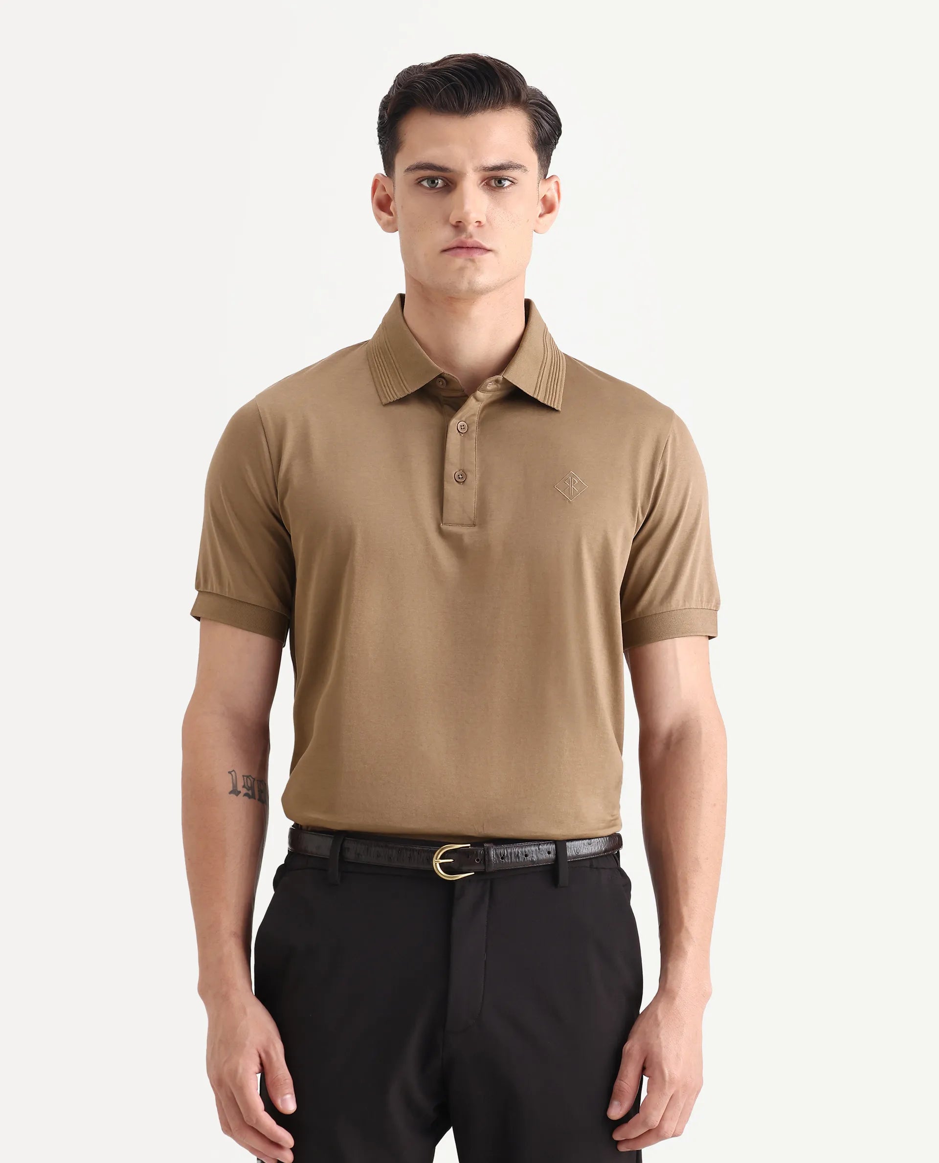 Rare Rabbit Men's Ripl Dusky Brown Cotton Plain Regular Fit Half Sleeve Polo