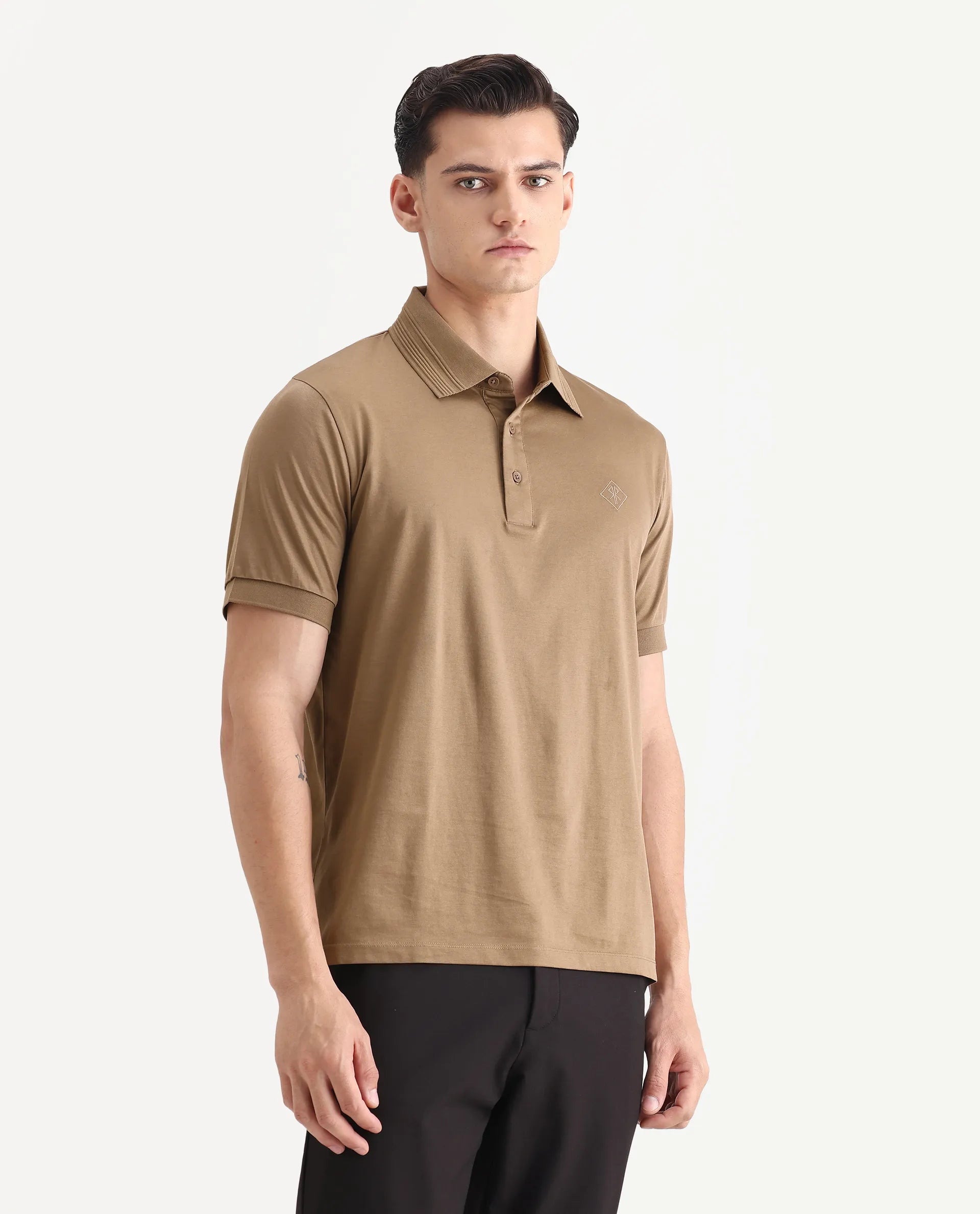 Rare Rabbit Men's Ripl Dusky Brown Cotton Plain Regular Fit Half Sleeve Polo