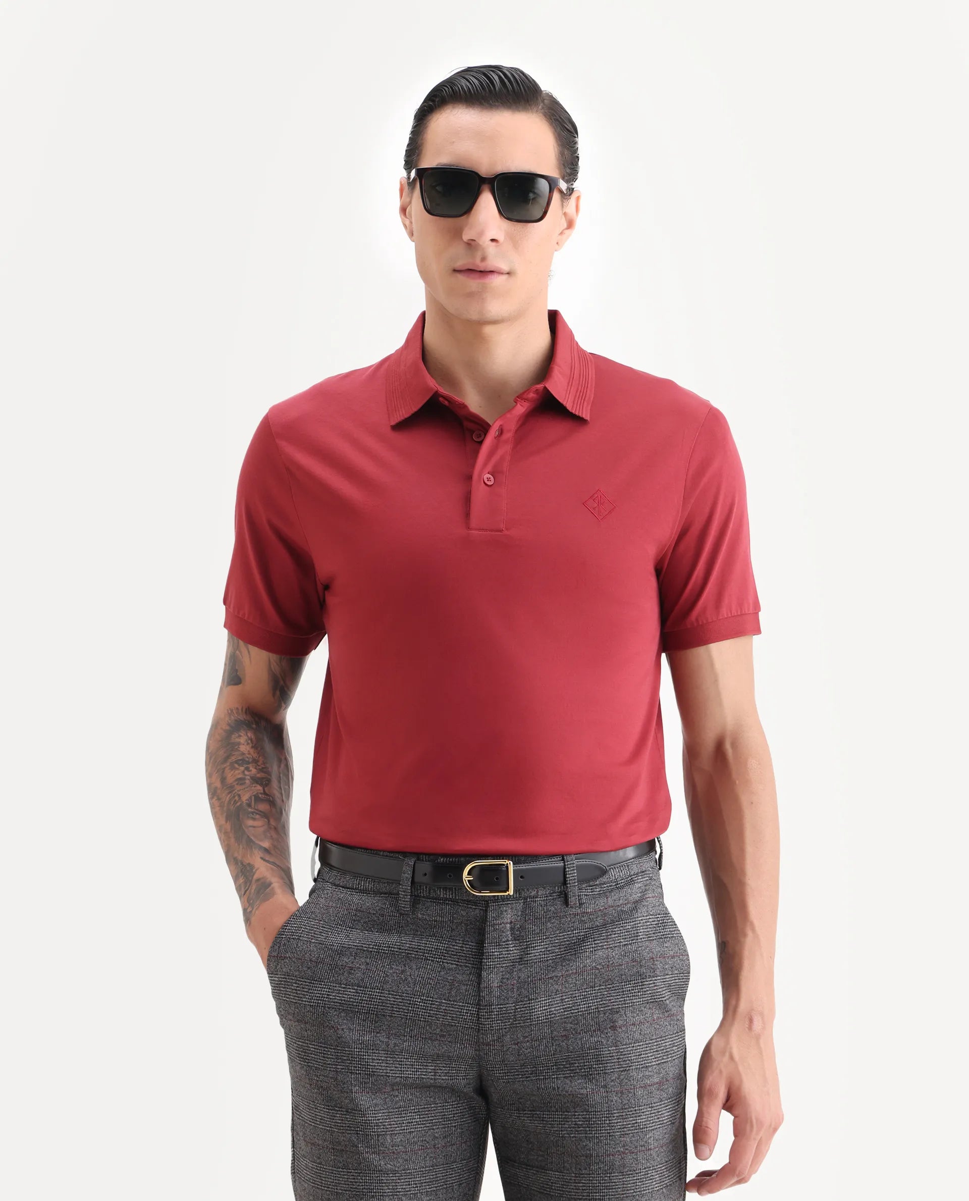 Rare Rabbit Men's Ripl Red Cotton Plain Regular Fit Half Sleeve Polo