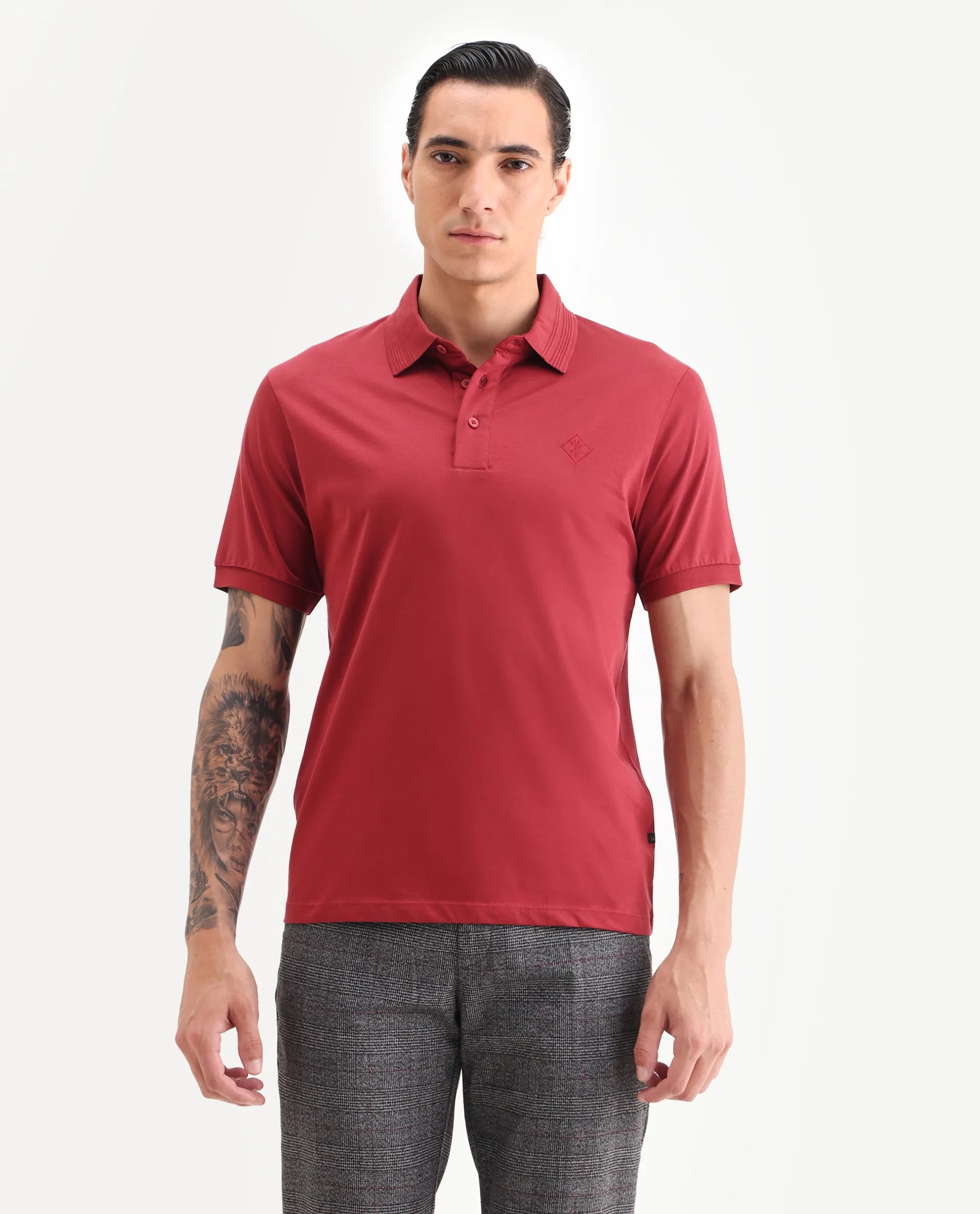Rare Rabbit Men's Ripl Red Cotton Plain Regular Fit Half Sleeve Polo