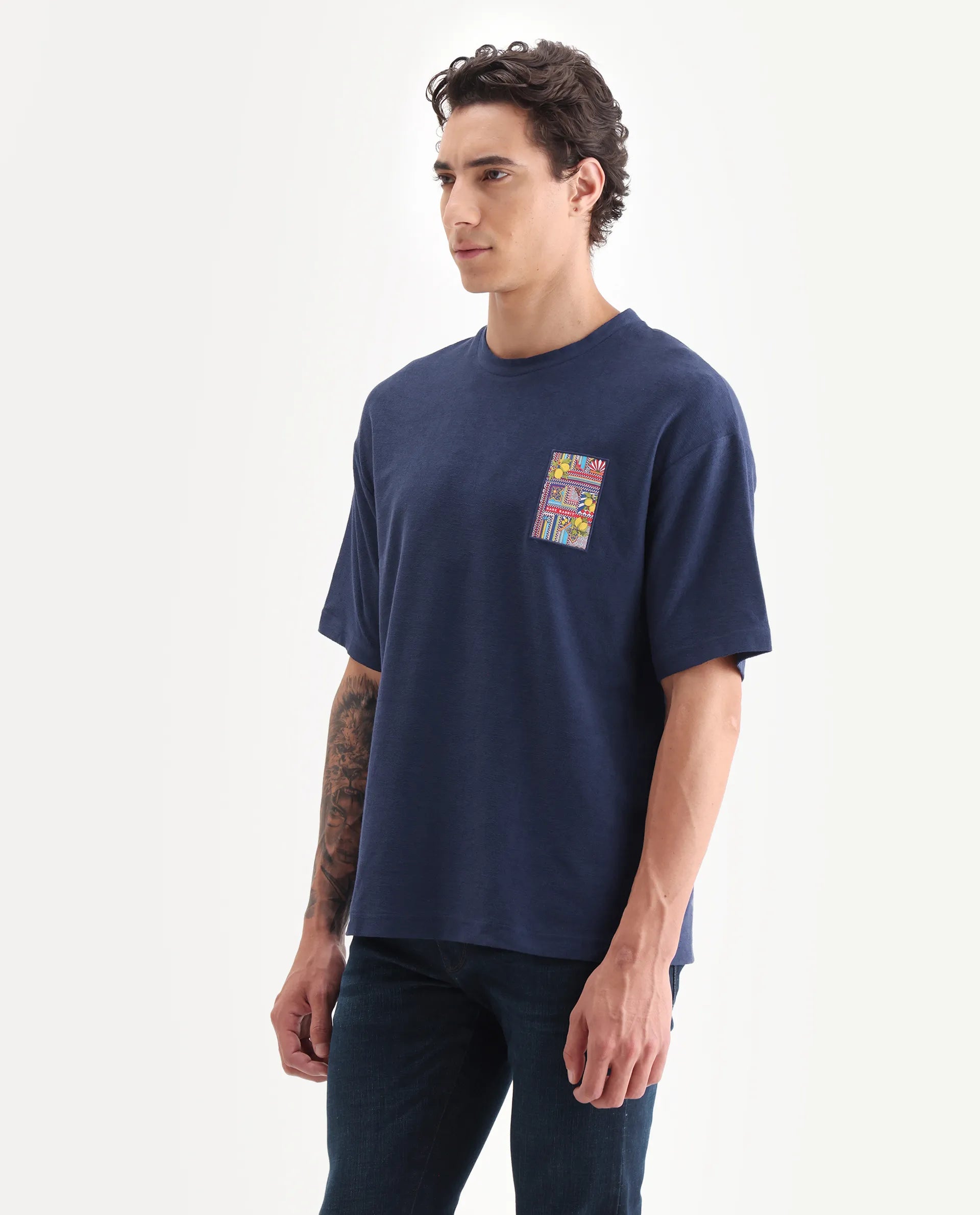 Rare Rabbit Men's Oxo Dark Blue Cotton Embroidered Oversized Fit Half Sleeve Crew Neck T-Shirt