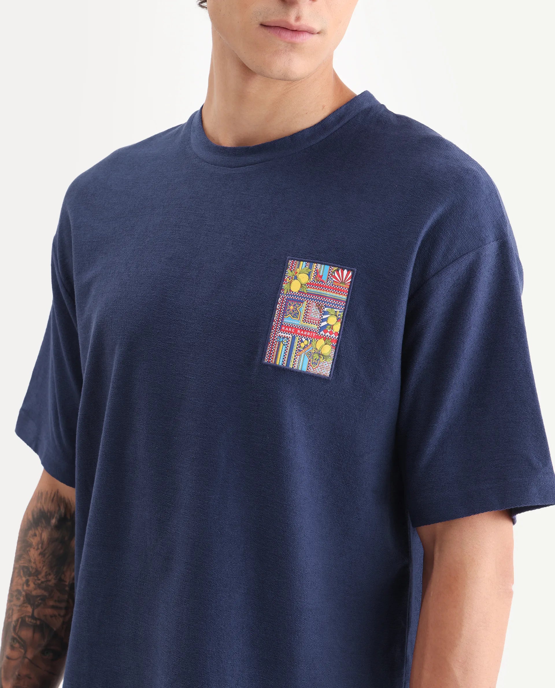Rare Rabbit Men's Oxo Dark Blue Cotton Embroidered Oversized Fit Half Sleeve Crew Neck T-Shirt