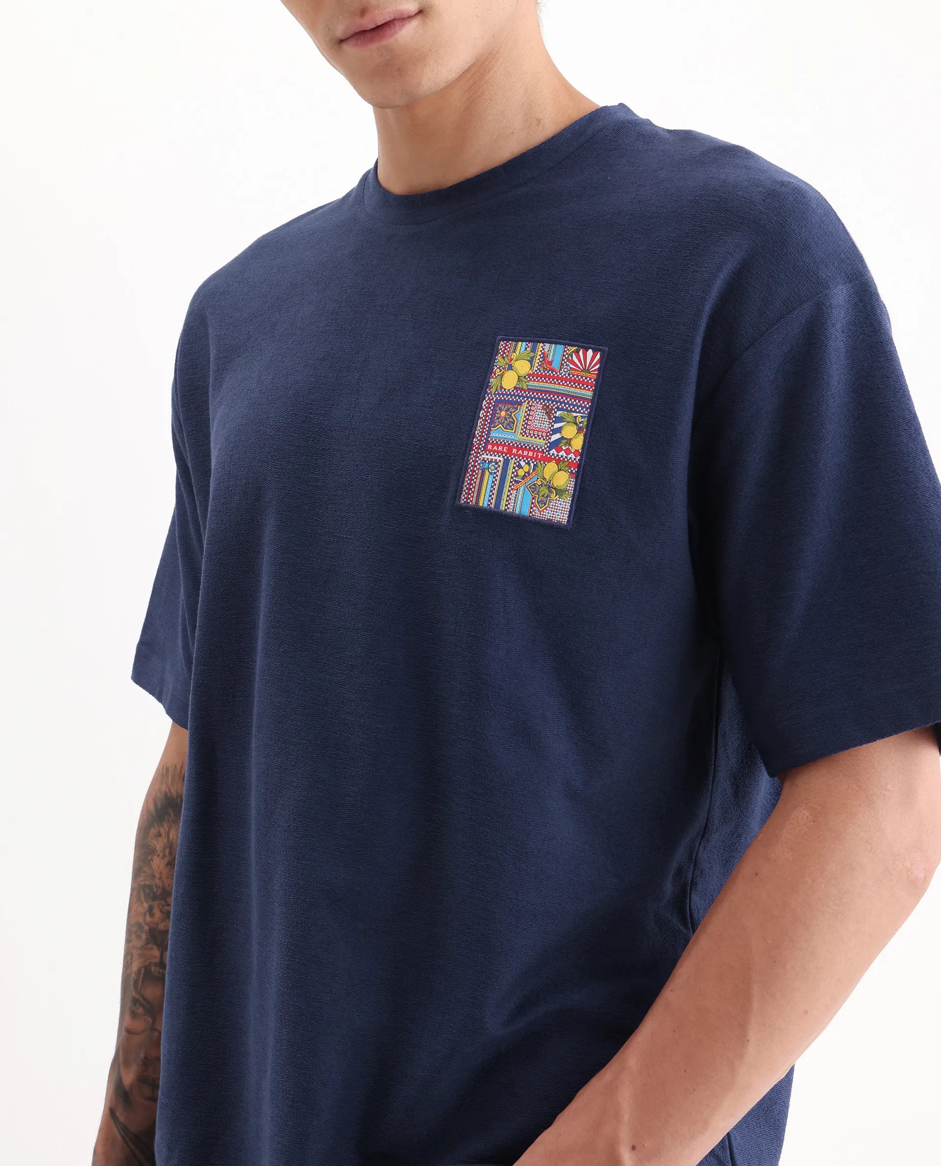 Rare Rabbit Men's Oxo Dark Blue Cotton Embroidered Oversized Fit Half Sleeve Crew Neck T-Shirt