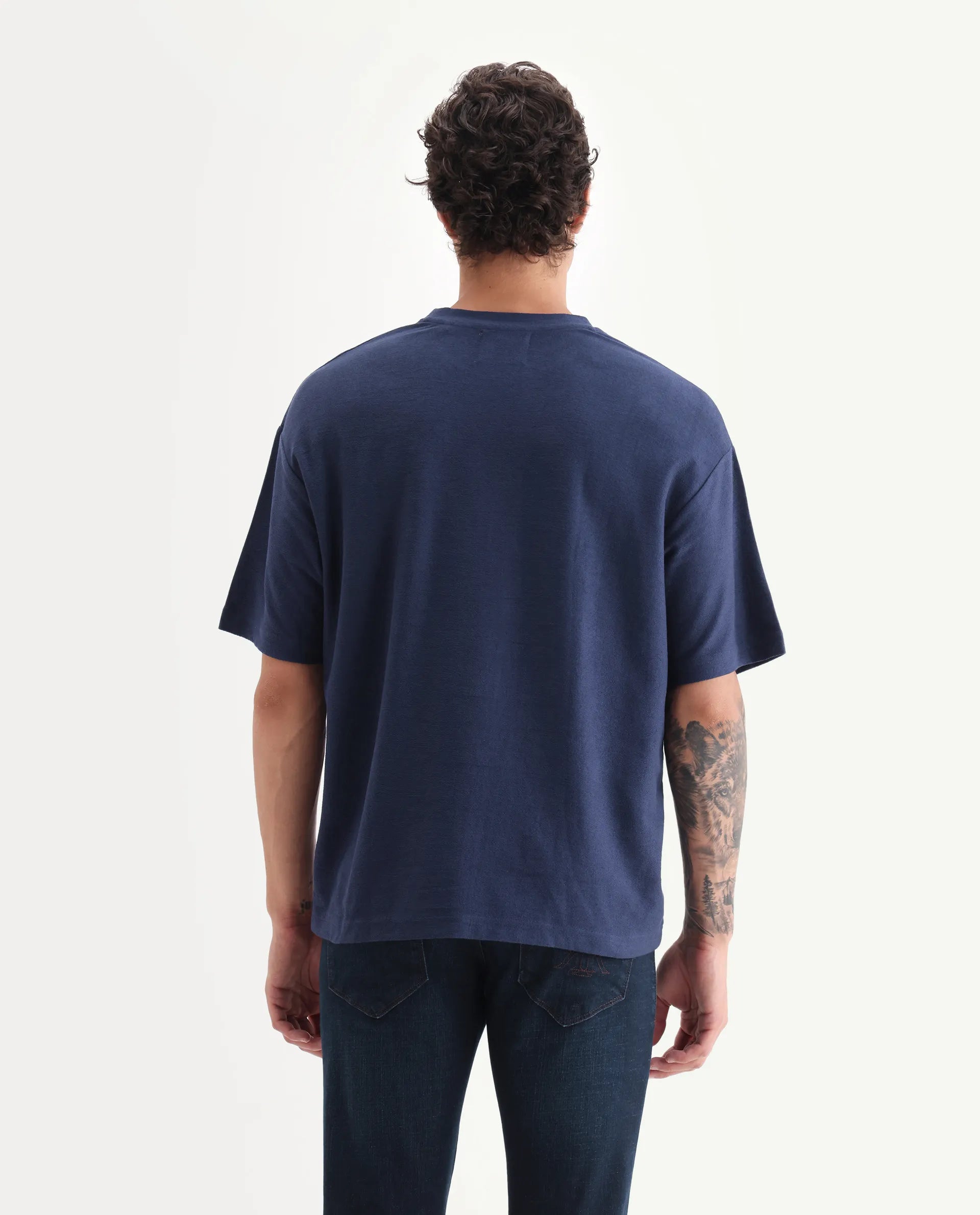 Rare Rabbit Men's Oxo Dark Blue Cotton Embroidered Oversized Fit Half Sleeve Crew Neck T-Shirt