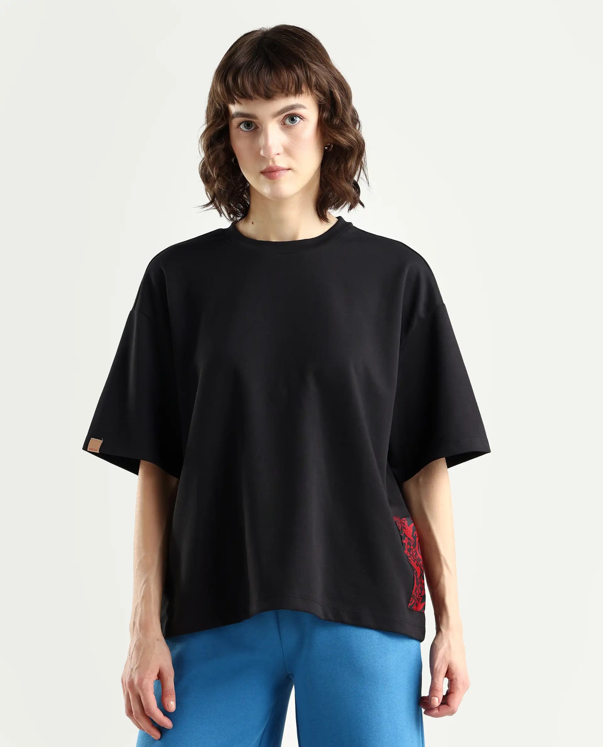 Rareism Women's Pach Black Polyester Blend Crew Neck Plain Relaxed Fit T-Shirt