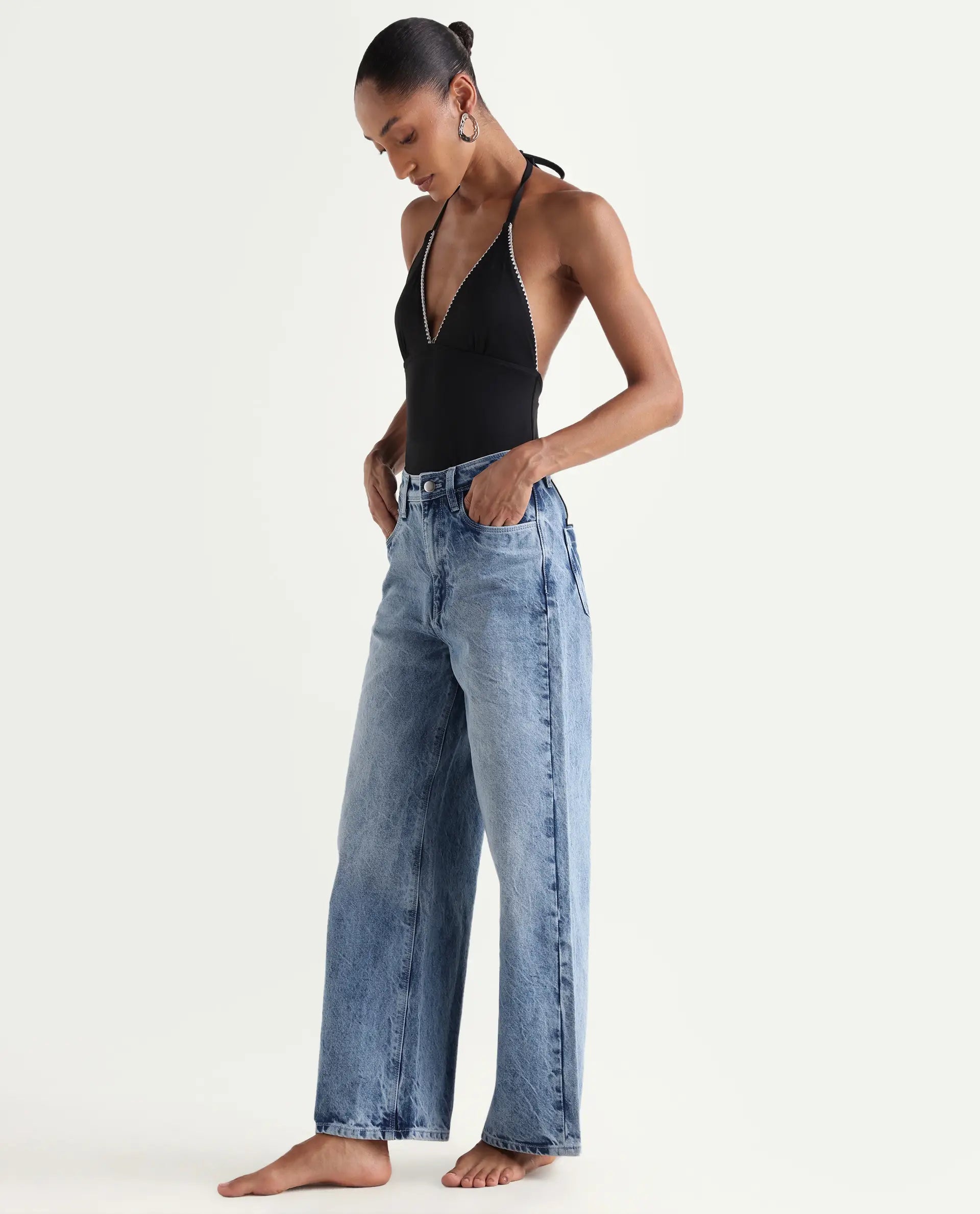 Rareism Women's Pref Blue Cotton Plain Ankle Length Effortless Sculpt high wide Jeans
