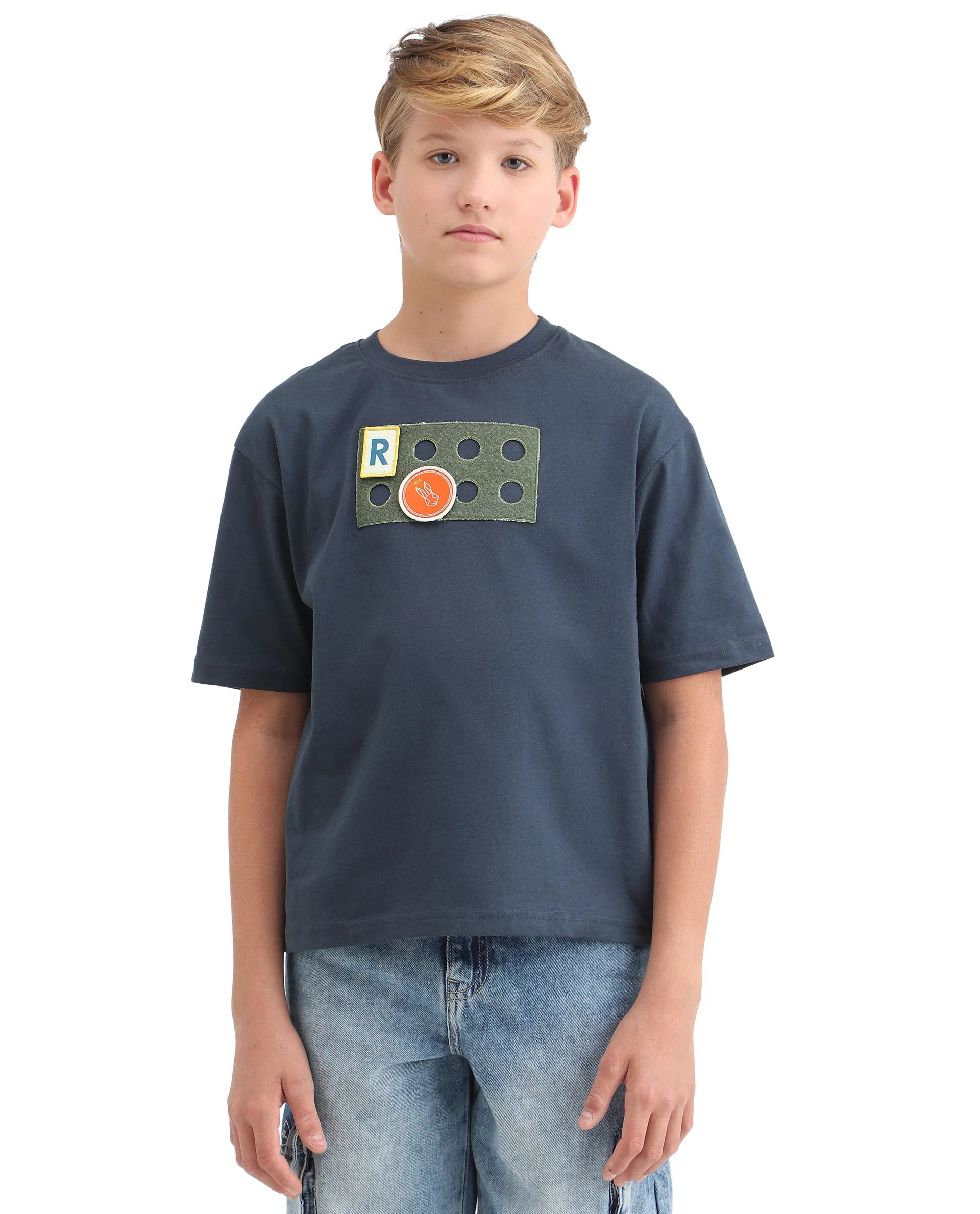 Rare Ones Kids Legun Navy Cotton Short Sleeve Crew Neck Boxy Solid T-Shirt