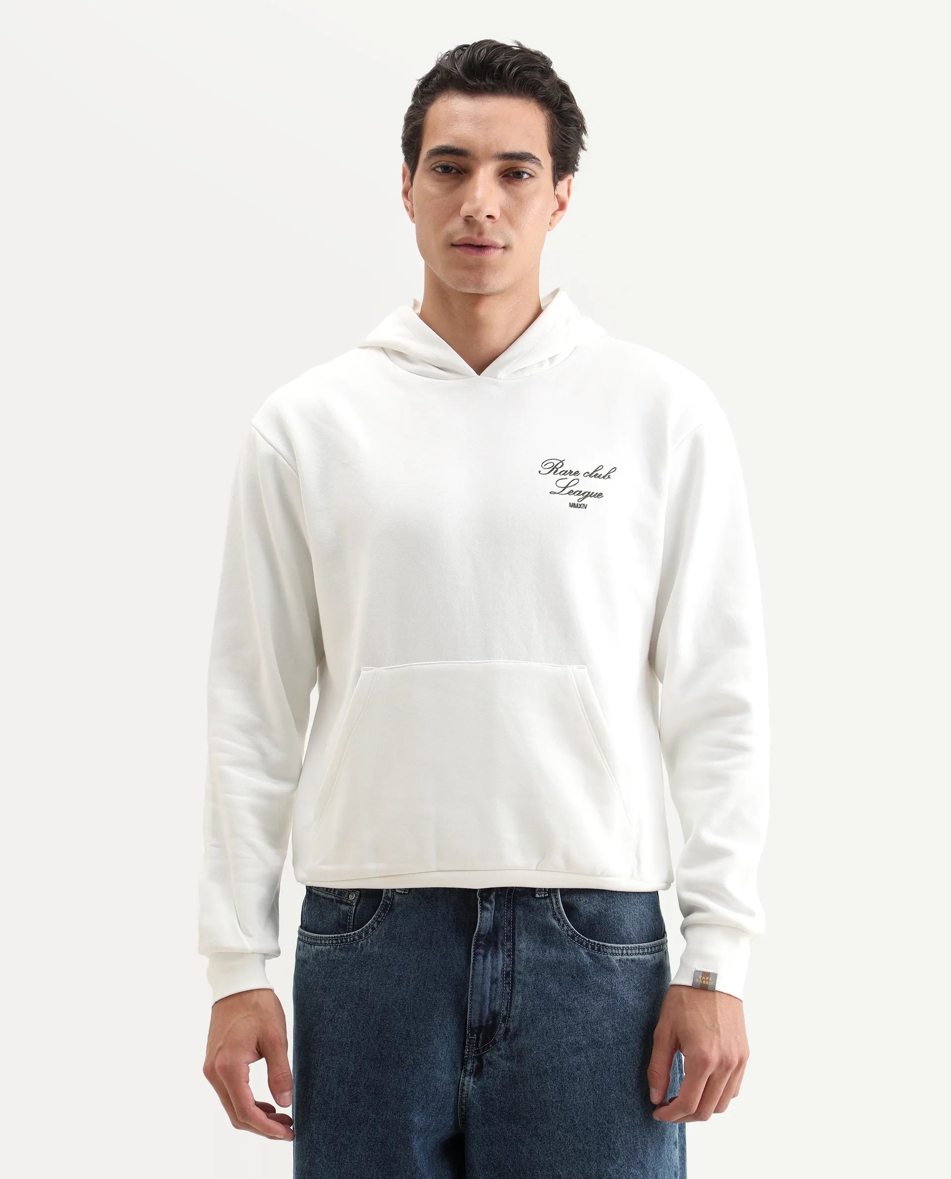 Rare Rabbit Men's Kant Off White Cotton Blend Graphic Print Boxy Fit Full Sleeve Hooded Sweatshirt