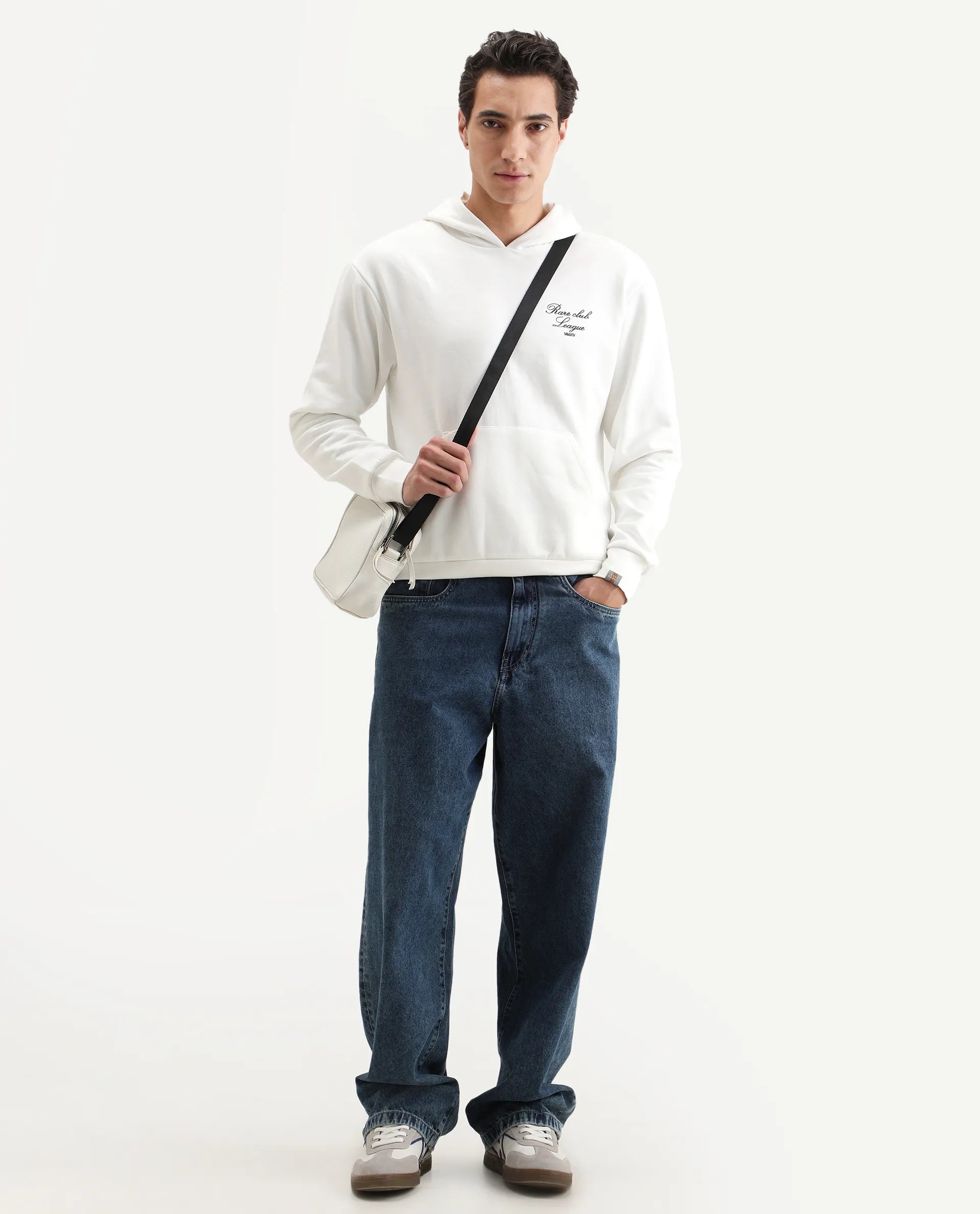 Rare Rabbit Men's Kant Off White Cotton Blend Graphic Print Boxy Fit Full Sleeve Hooded Sweatshirt