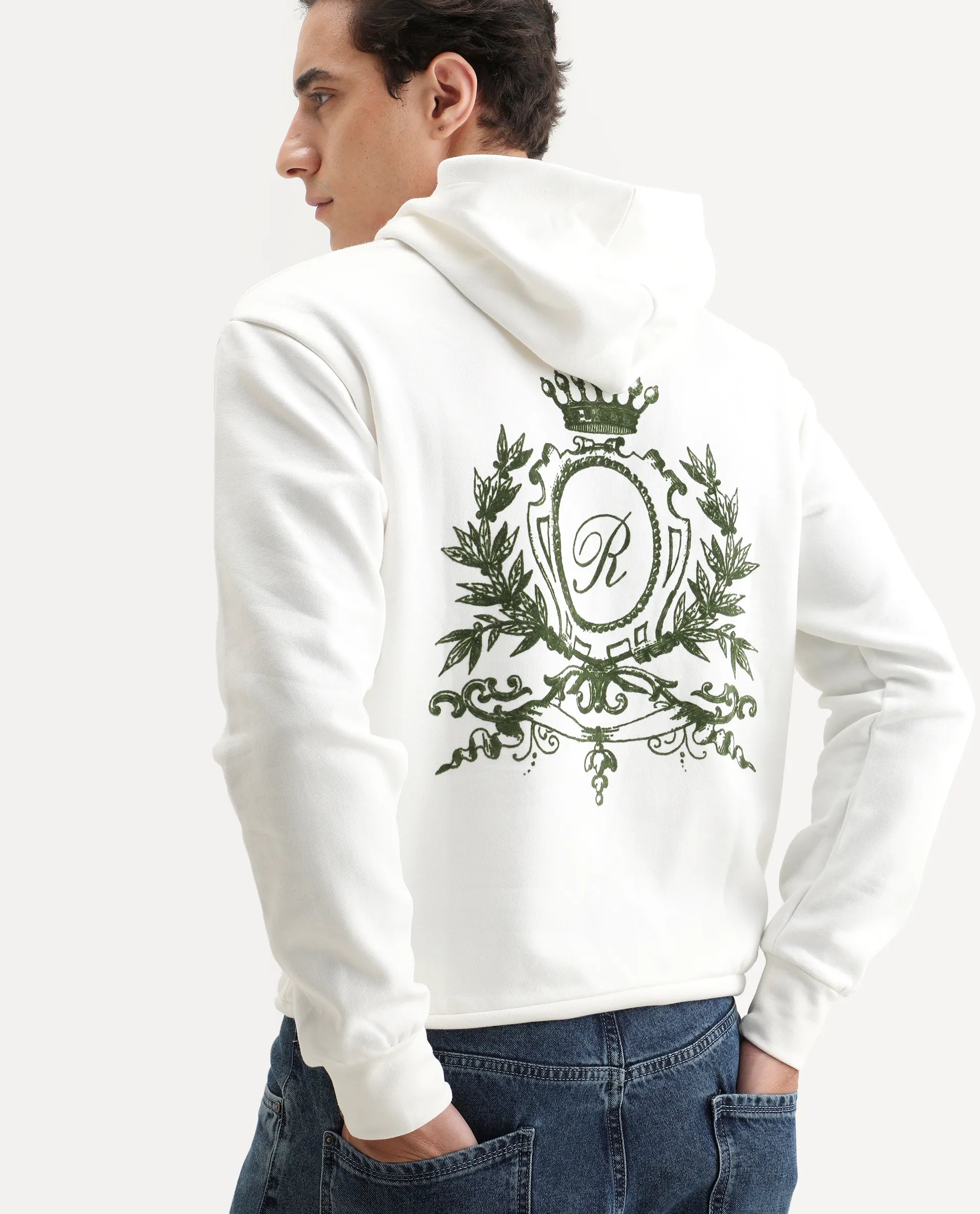 Rare Rabbit Men's Kant Off White Cotton Blend Graphic Print Boxy Fit Full Sleeve Hooded Sweatshirt