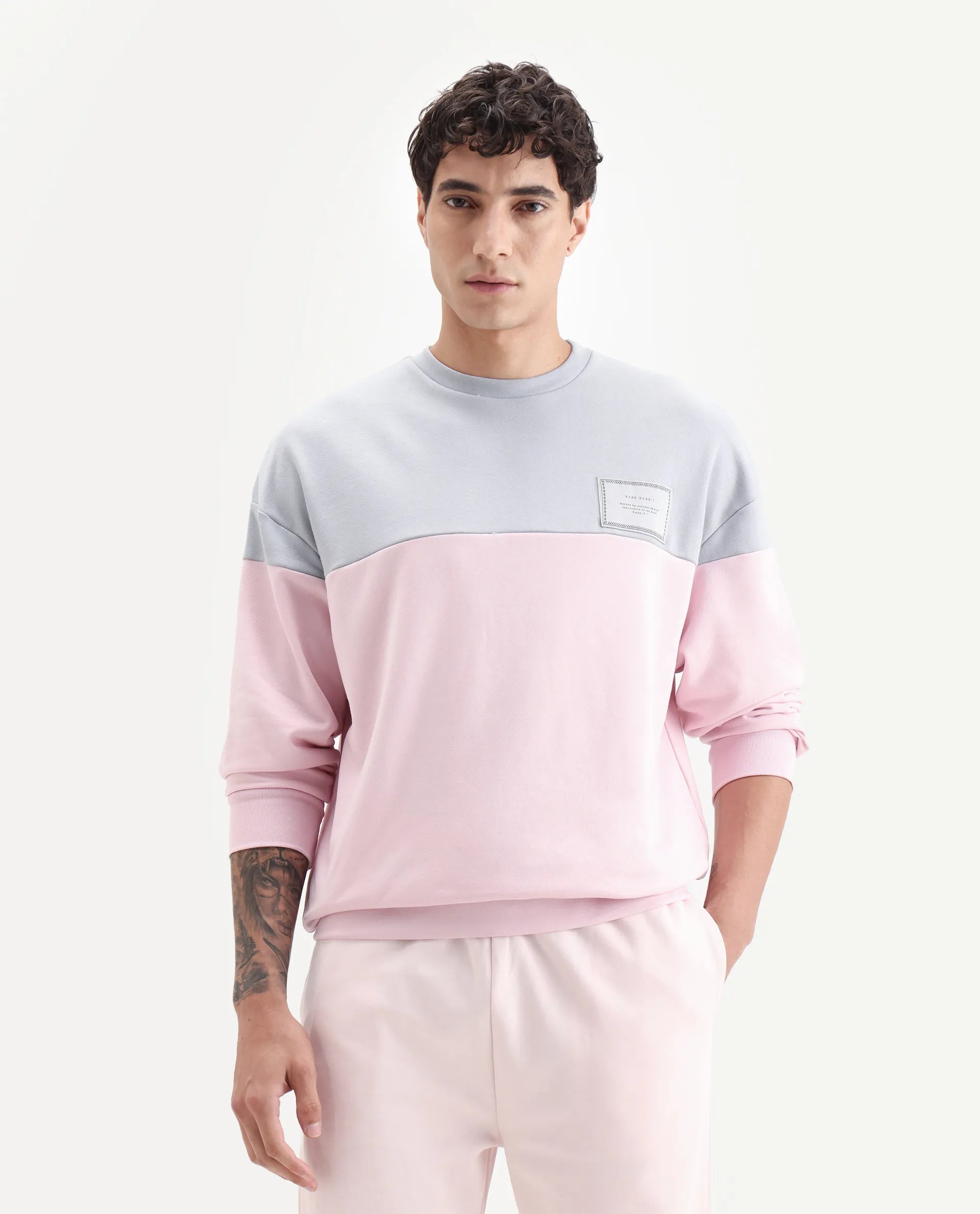 Rare Rabbit Men's Doel Grey Cotton Blend Ombre Boxy Fit Full Sleeve Crew Neck Sweatshirt