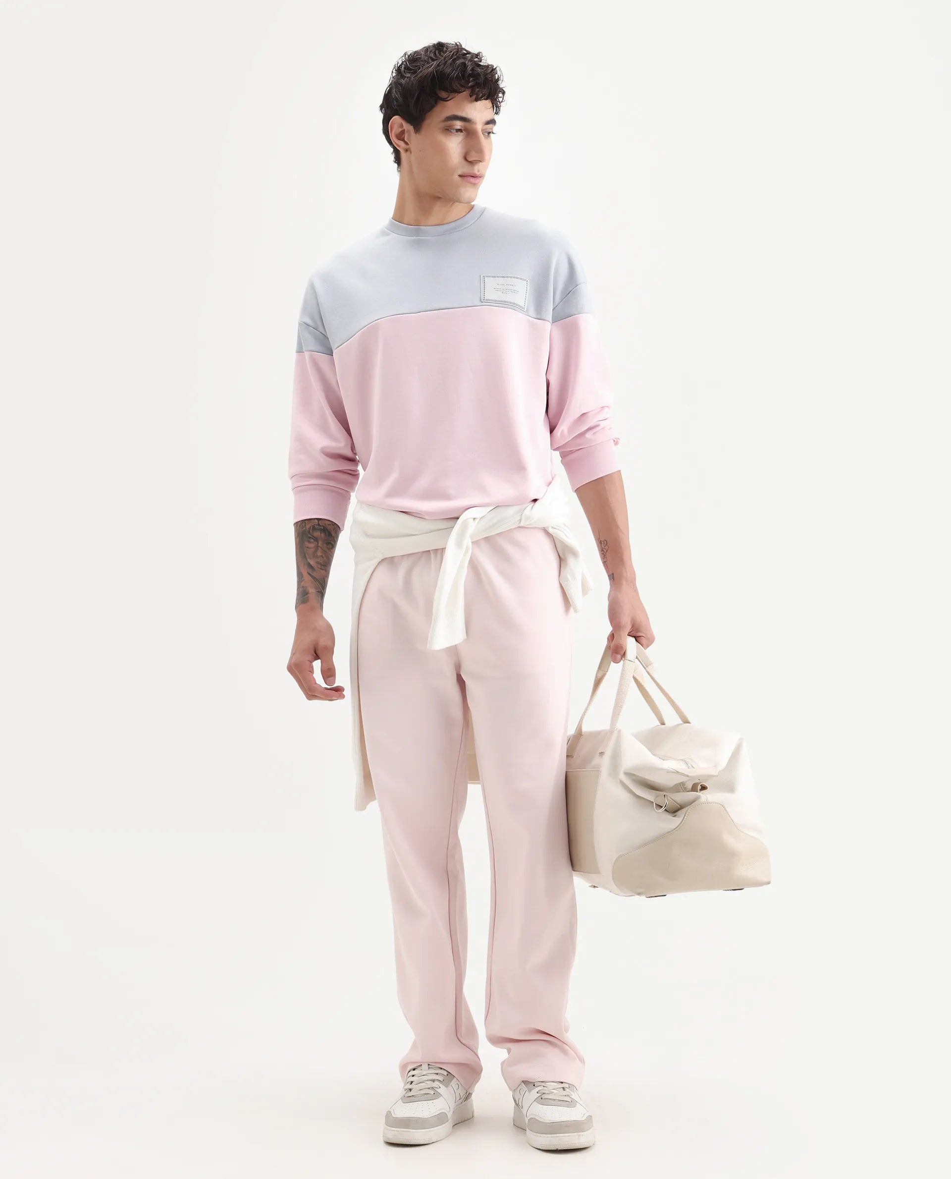 Rare Rabbit Men's Doel Grey Cotton Blend Ombre Boxy Fit Full Sleeve Crew Neck Sweatshirt