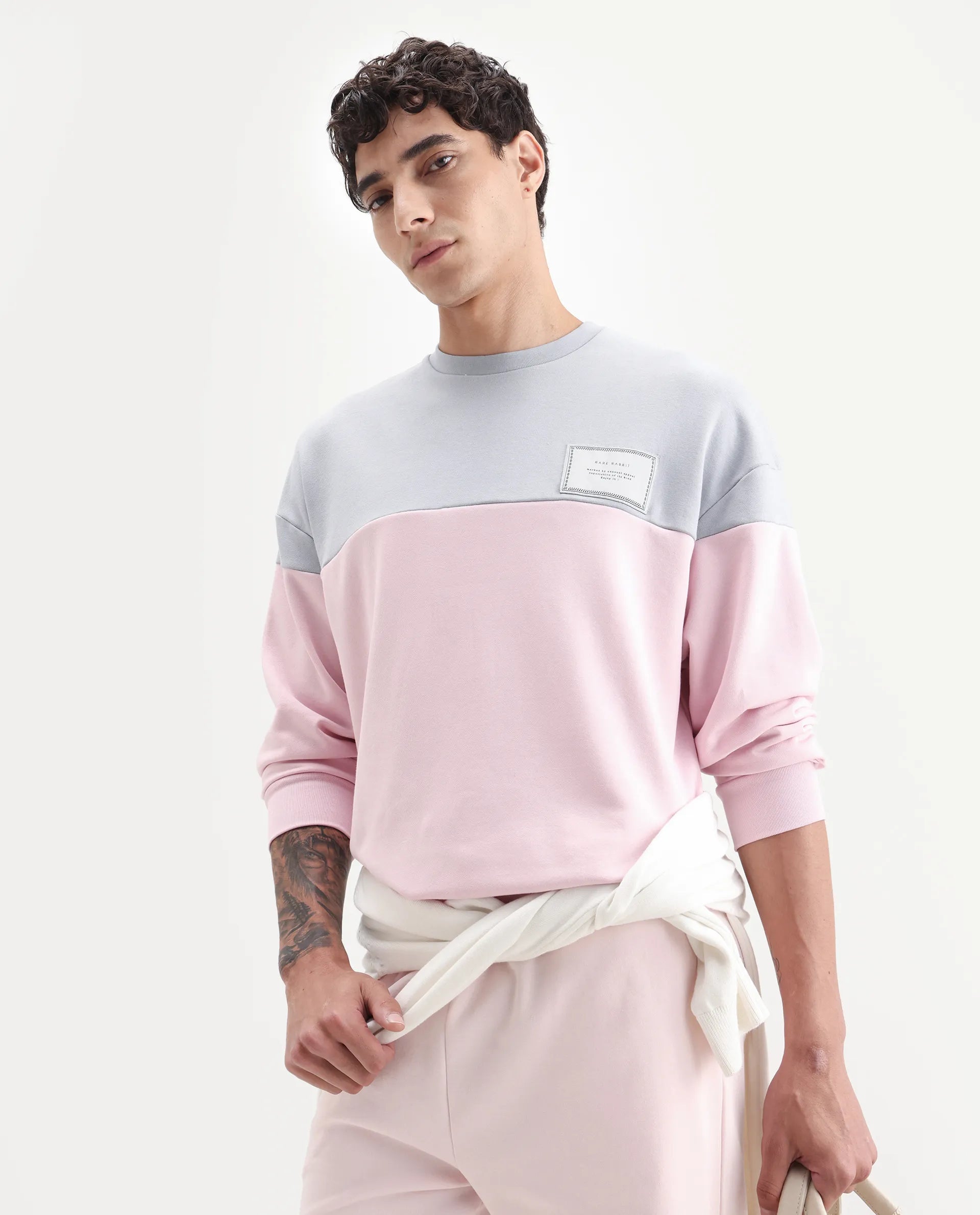 Rare Rabbit Men's Doel Grey Cotton Blend Ombre Boxy Fit Full Sleeve Crew Neck Sweatshirt