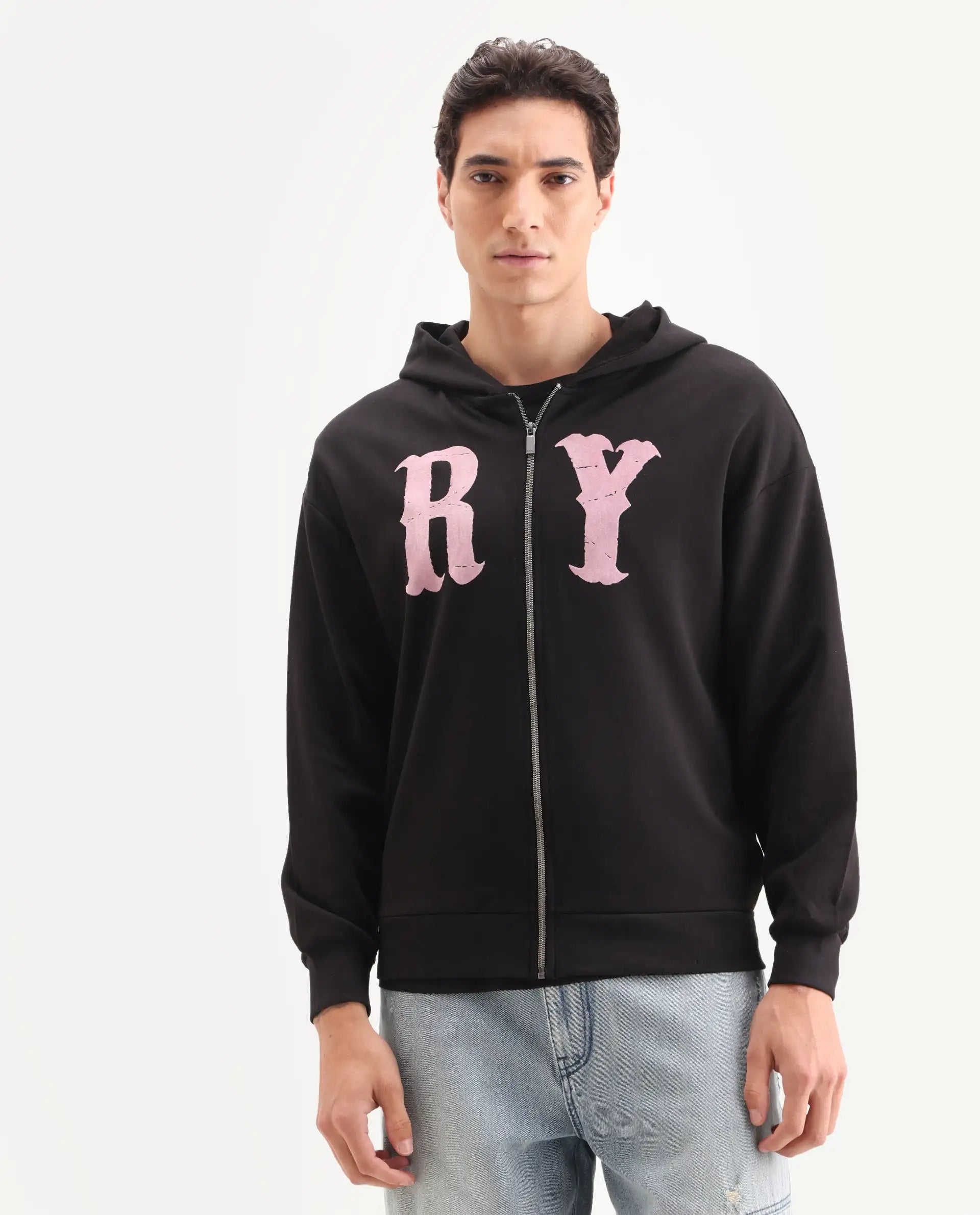 Rare Rabbit Men's Con Black Cotton Blend Graphic Print Boxy Fit Full Sleeve Hooded Sweatshirt