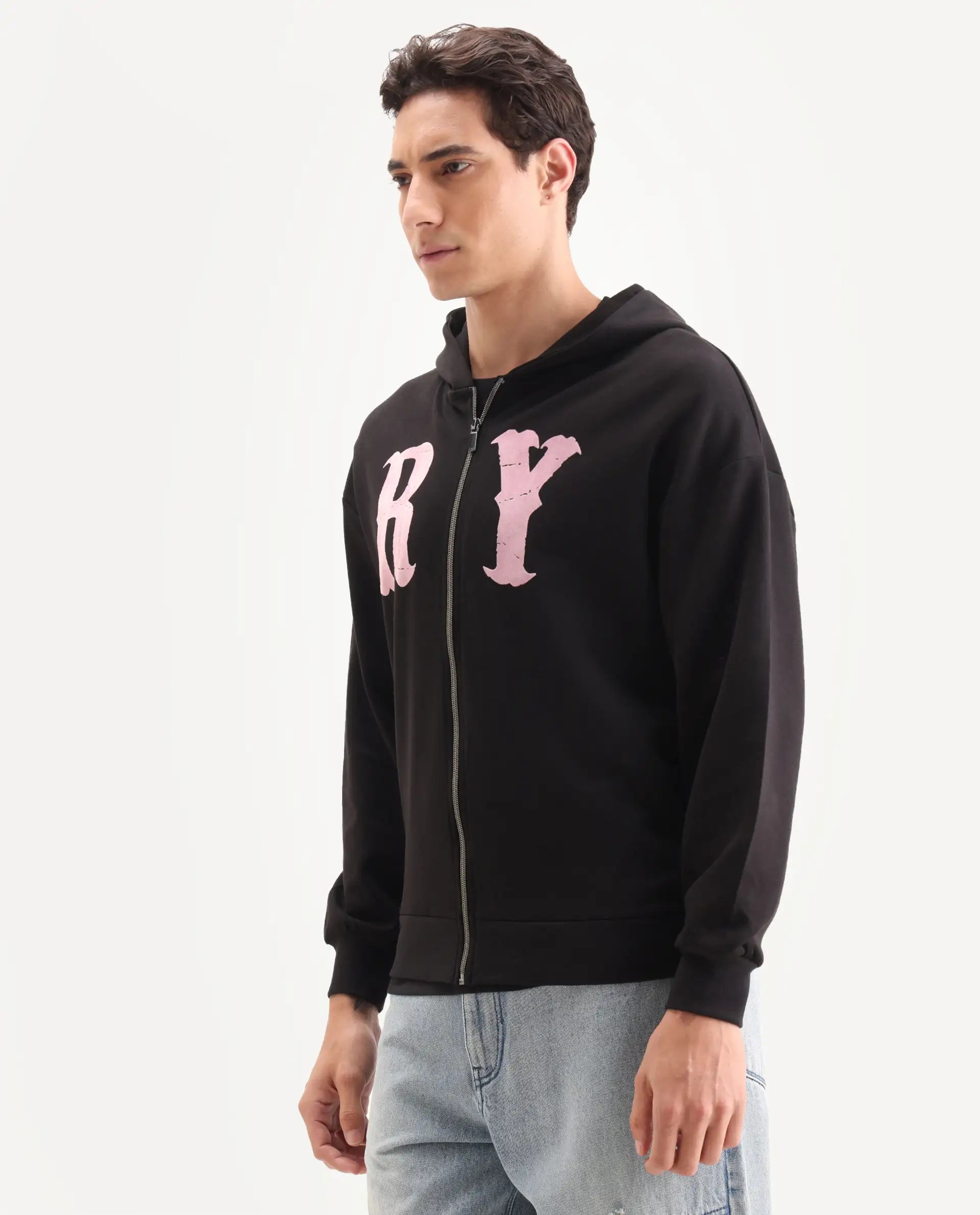 Rare Rabbit Men's Con Black Cotton Blend Graphic Print Boxy Fit Full Sleeve Hooded Sweatshirt