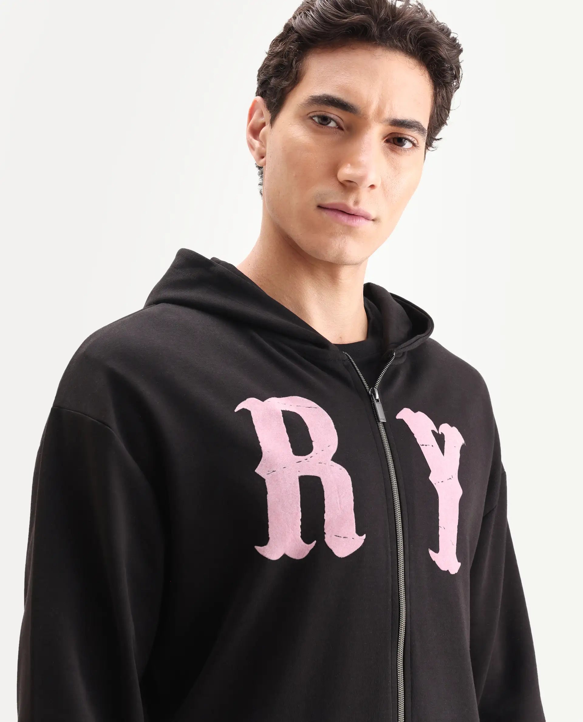 Rare Rabbit Men's Con Black Cotton Blend Graphic Print Boxy Fit Full Sleeve Hooded Sweatshirt