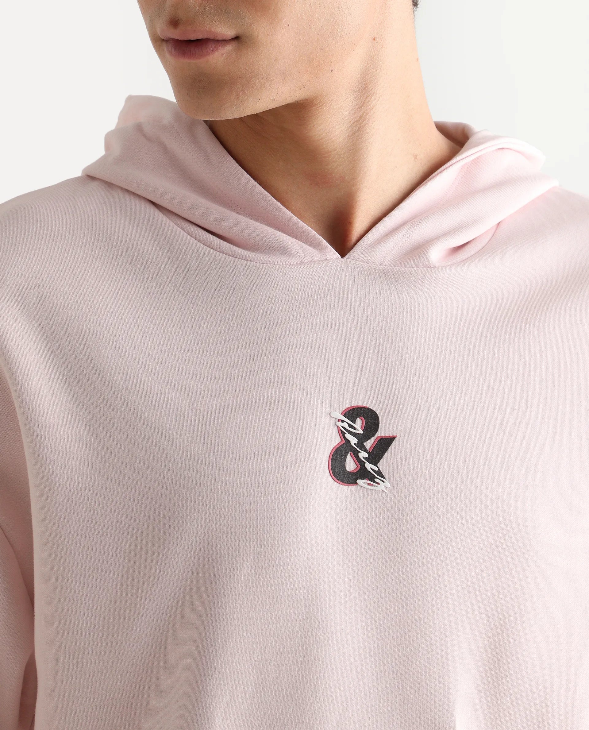 Rare Rabbit Men's Junol Pastel Pink Cotton Blend Embroidered Boxy Fit Full Sleeve Hooded Sweatshirt