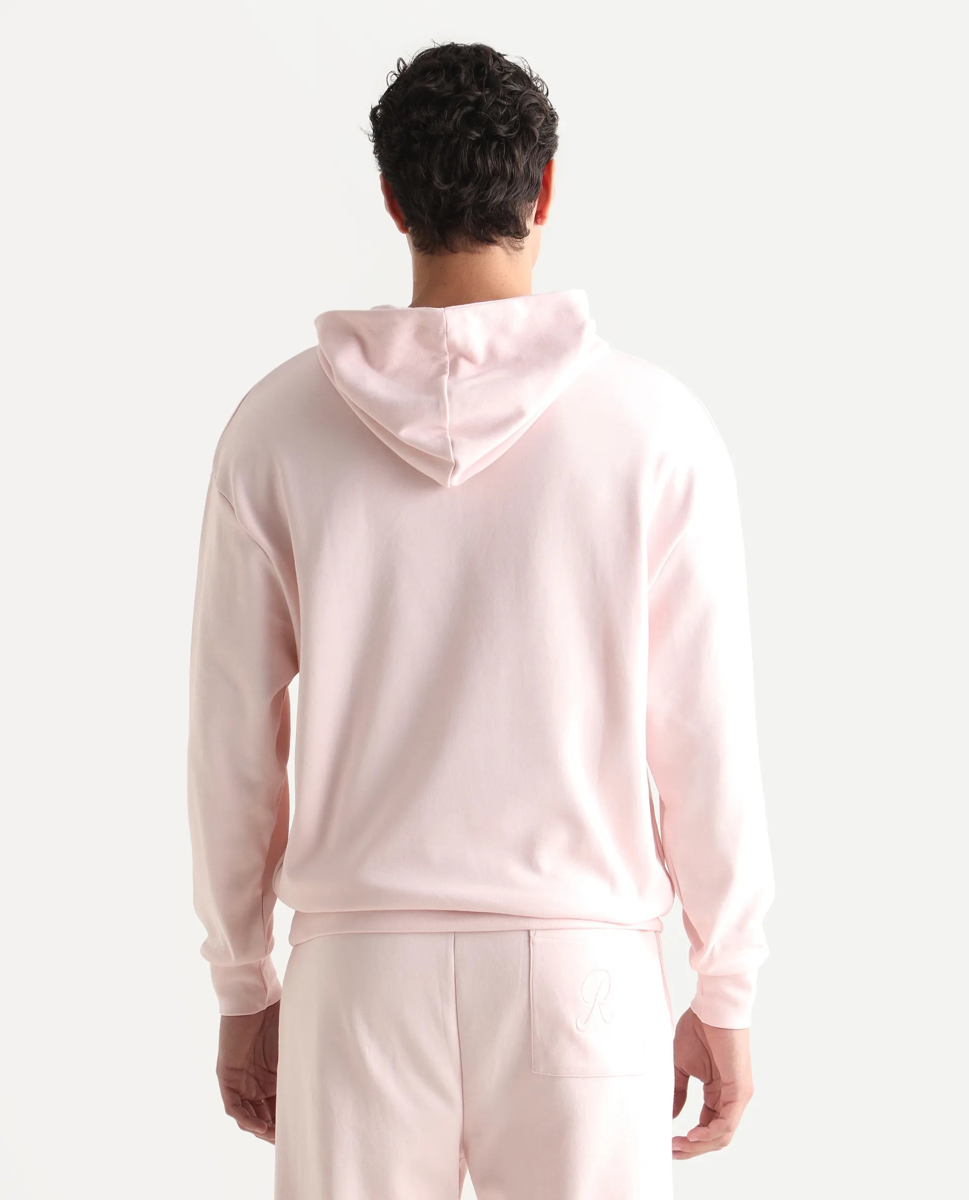 Rare Rabbit Men's Junol Pastel Pink Cotton Blend Embroidered Boxy Fit Full Sleeve Hooded Sweatshirt