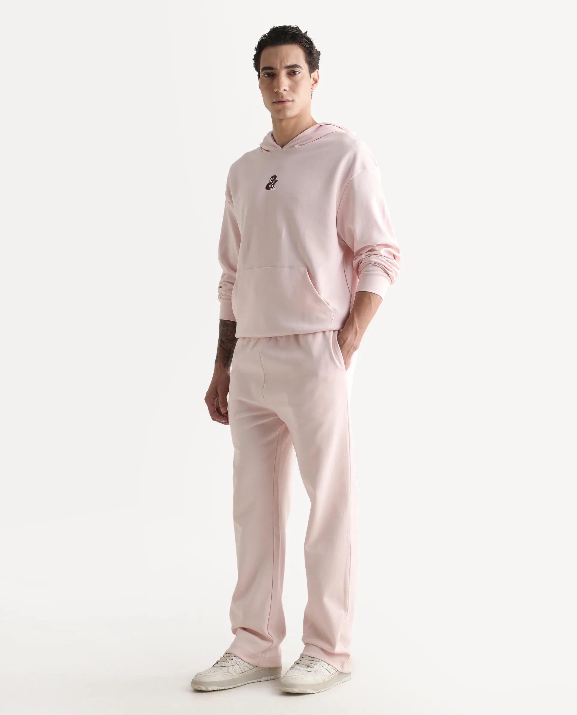Rare Rabbit Men's Junolt-B Pastel Pink Cotton Blend Embroidered Regular Fit Track Pant