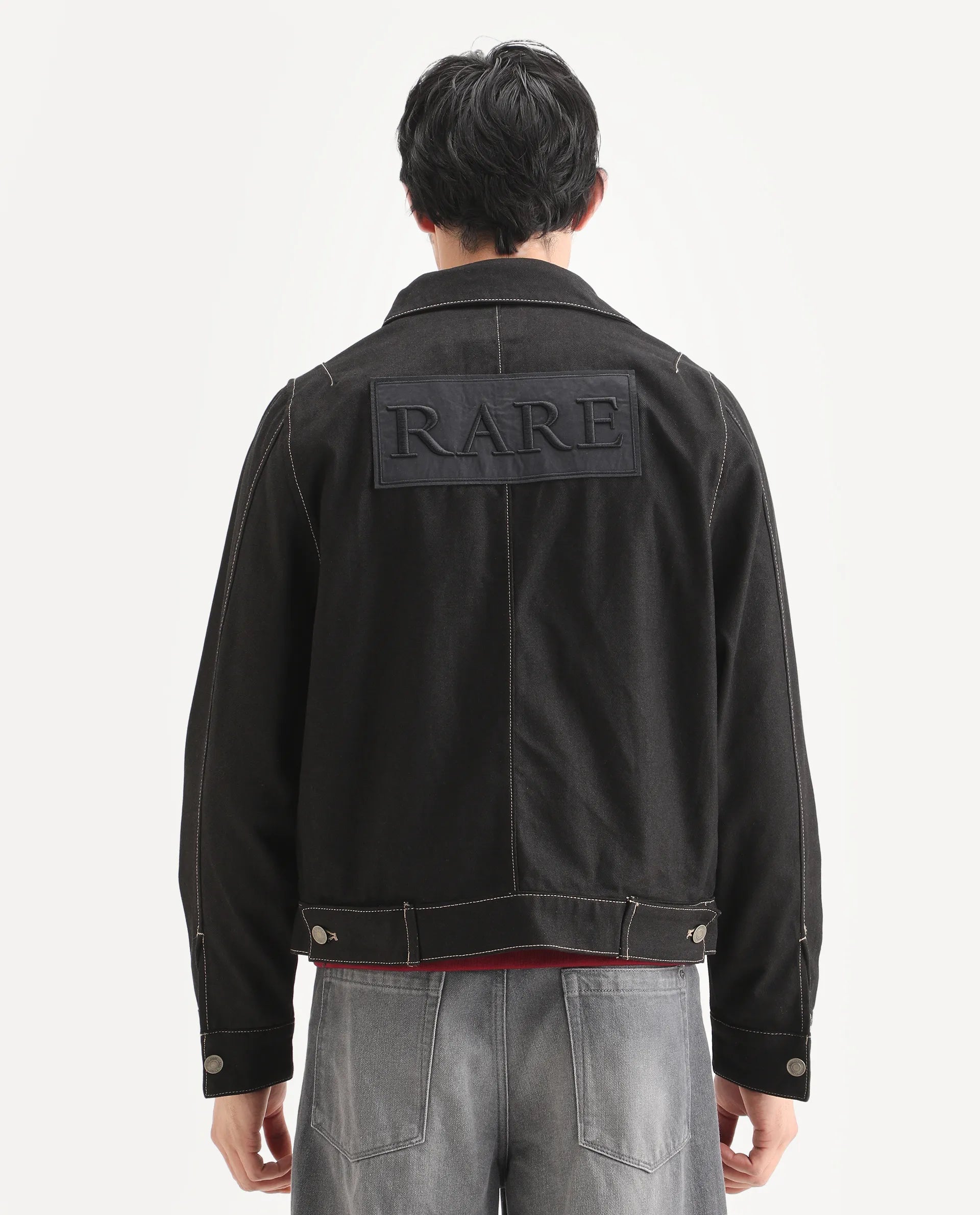 Rare Rabbit Men's Clovix Black Cotton Label Print Regular Fit Full Sleeve Spread Collar Jacket