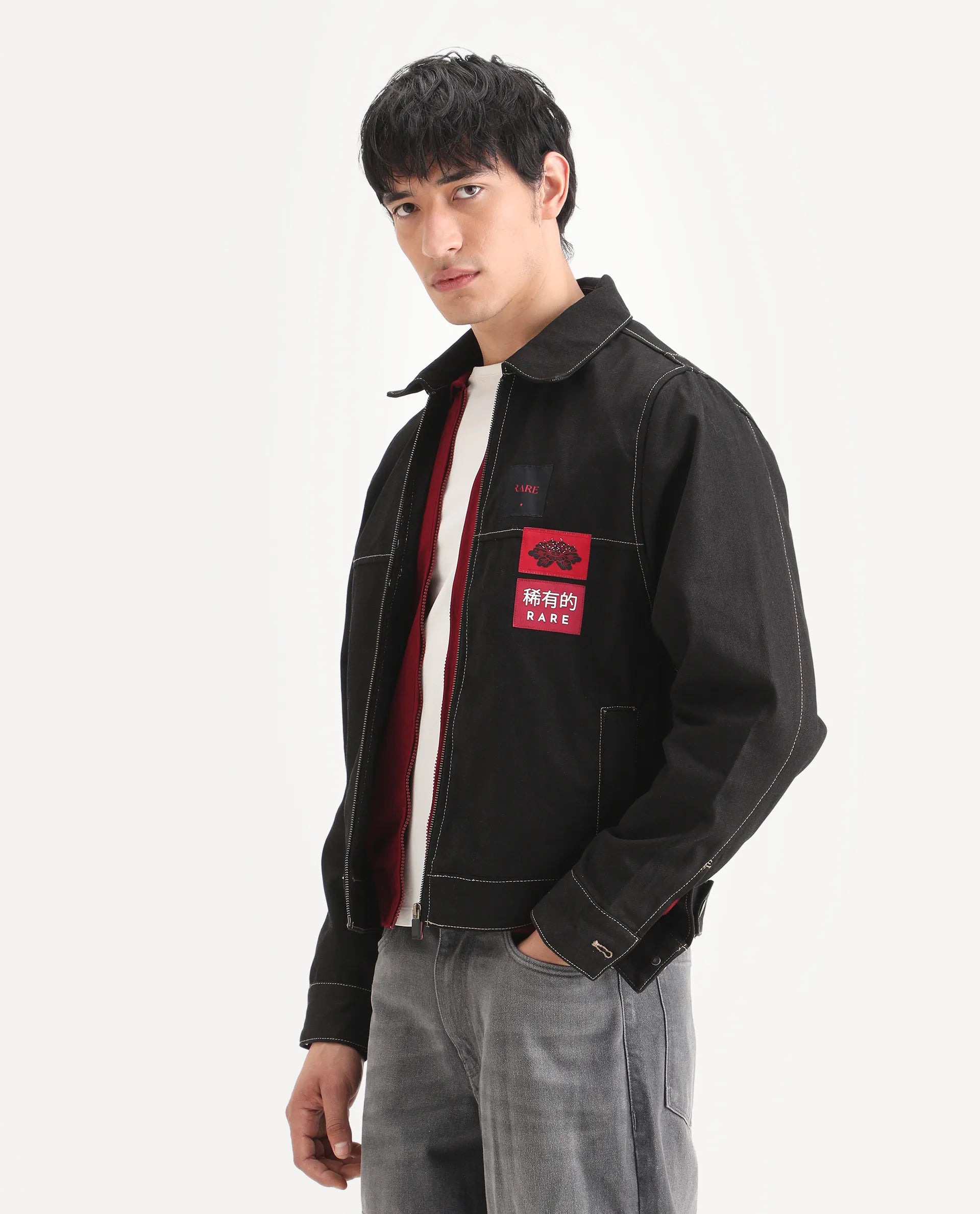 Rare Rabbit Men's Clovix Black Cotton Label Print Regular Fit Full Sleeve Spread Collar Jacket