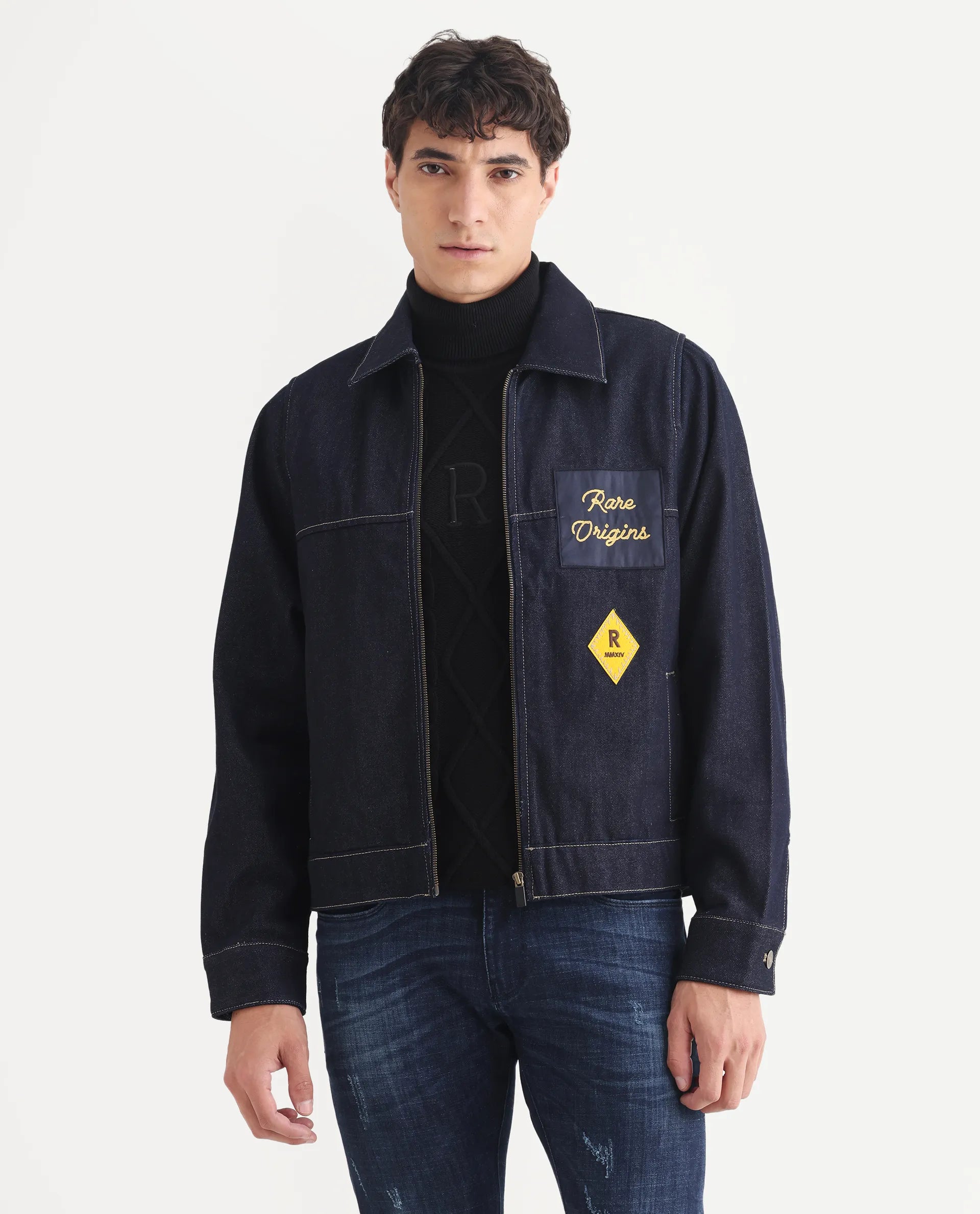 Rare Rabbit Men's Teron Blue Cotton Label Print Relaxed Fit Full Sleeve Spread Collar Jacket