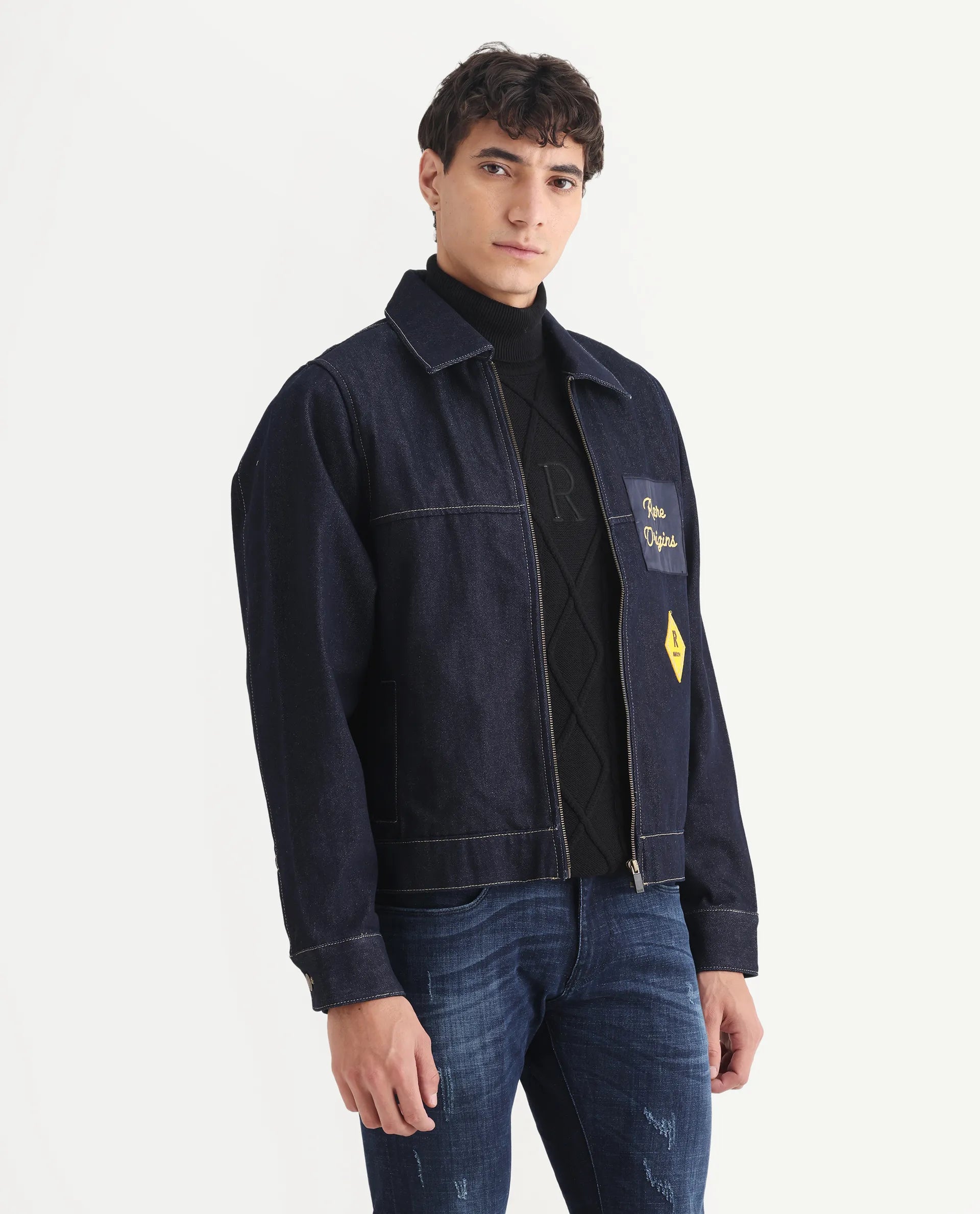 Rare Rabbit Men's Teron Blue Cotton Label Print Relaxed Fit Full Sleeve Spread Collar Jacket