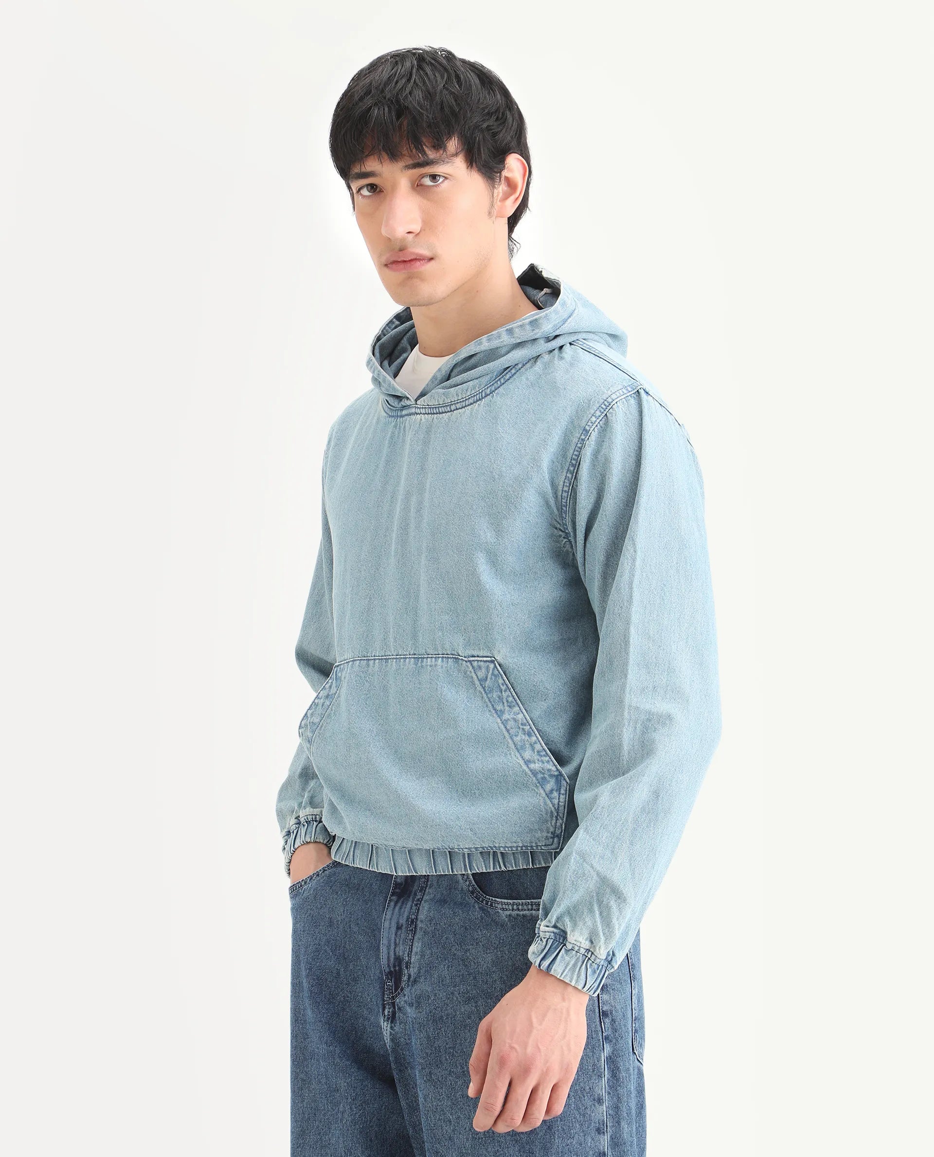 Rare Rabbit Men's Voltas Light Blue Cotton Plain Oversized Fit Full Sleeve Hooded Sweatshirt