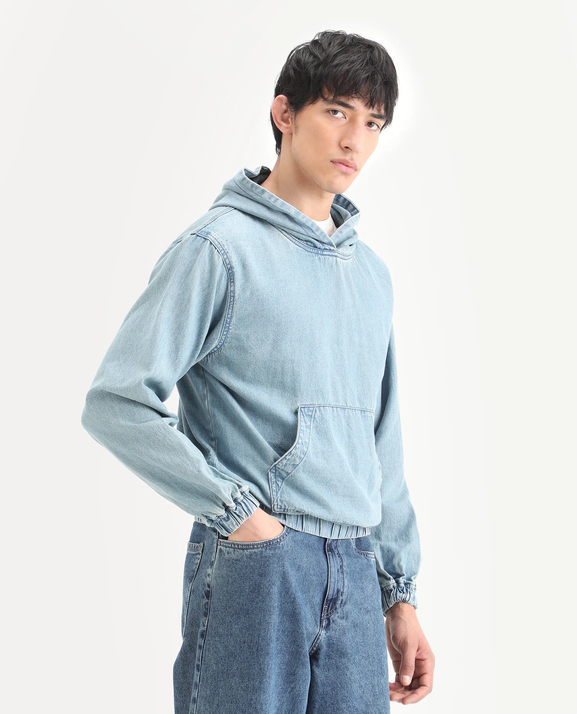 Rare Rabbit Men's Voltas Light Blue Cotton Plain Oversized Fit Full Sleeve Hooded Sweatshirt
