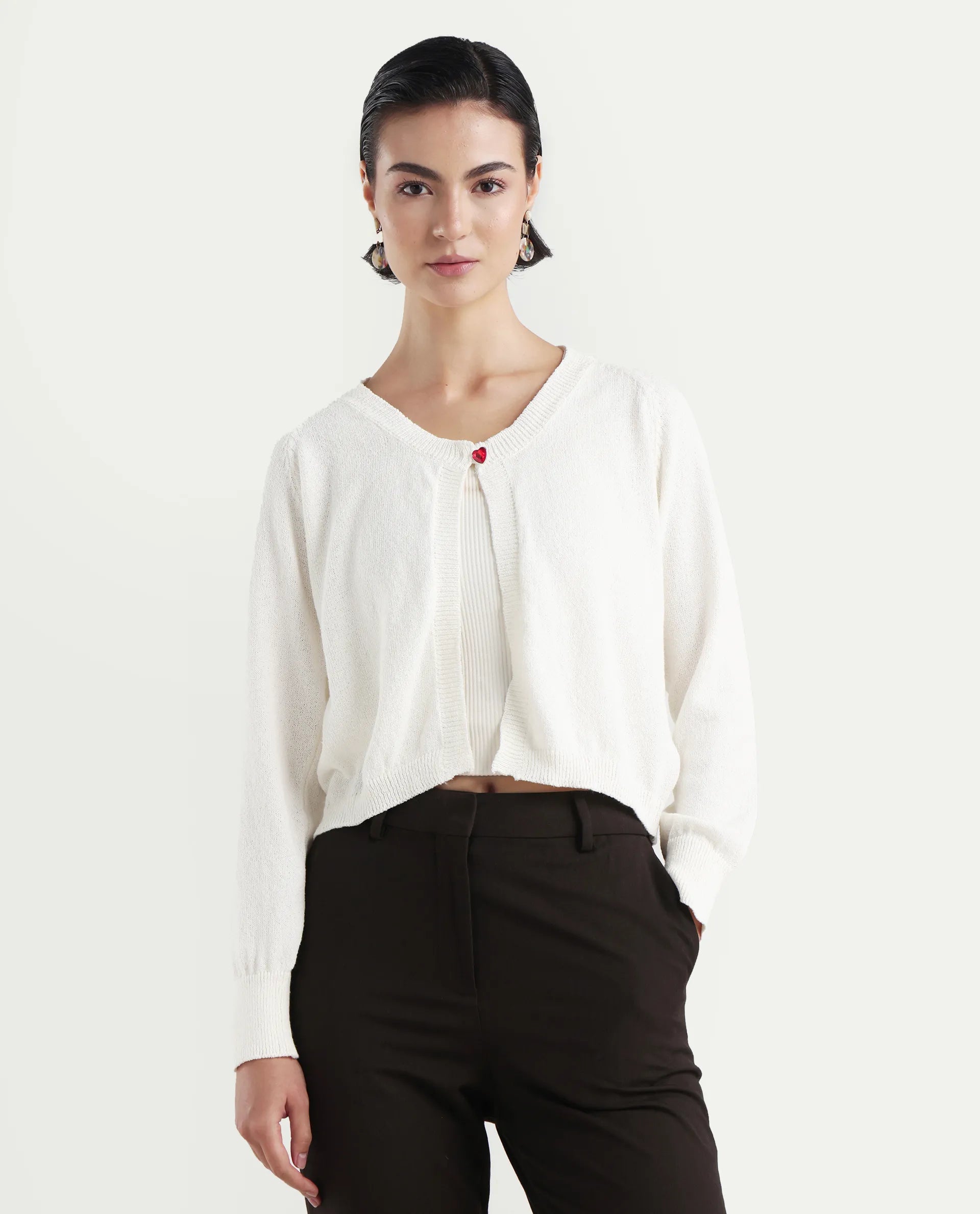 Rareism Women's Somres Beige Cotton Blend Round Neck Plain Raglan Sleeve Crop Regular Fit Shrug