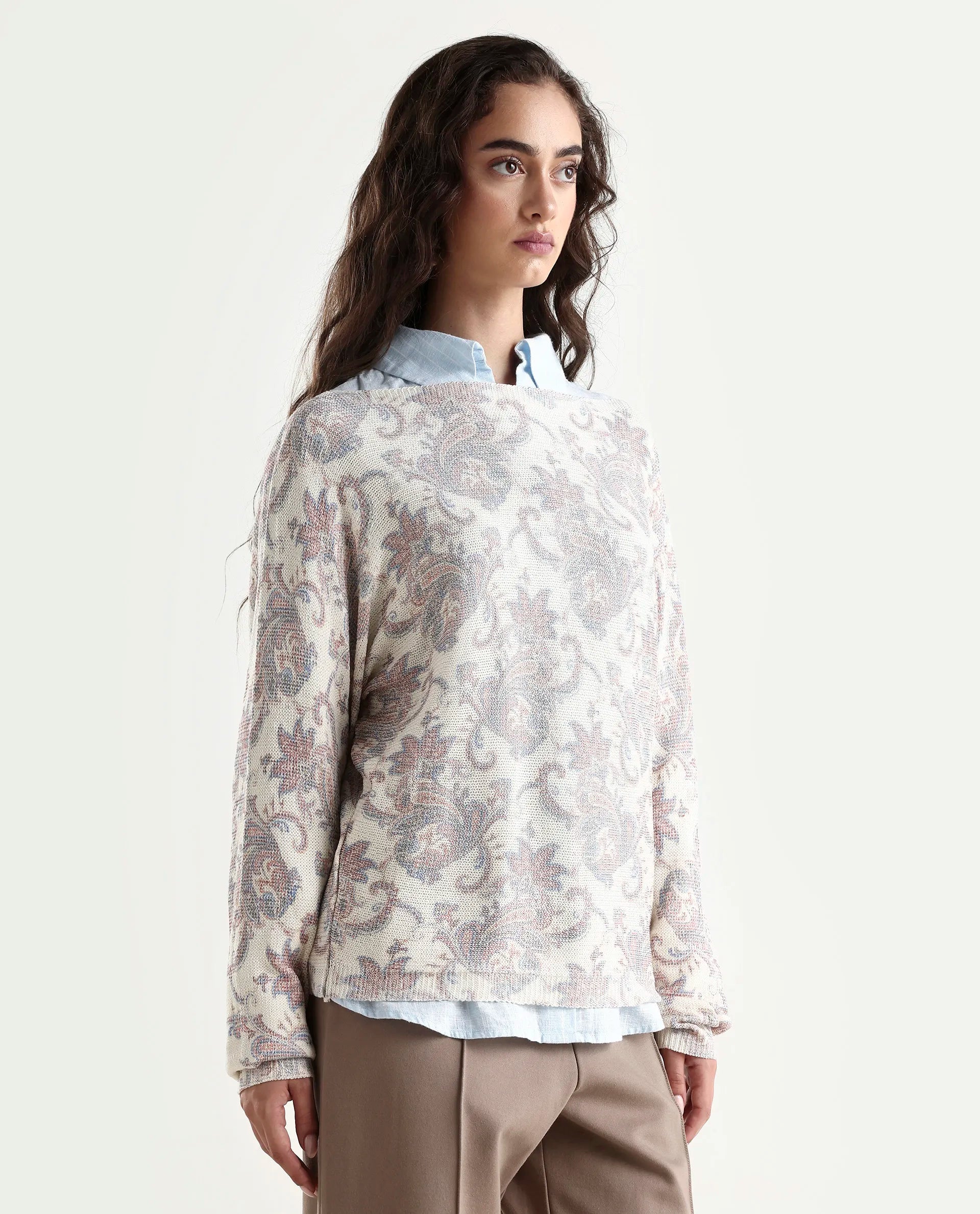 Rareism Women's Nupint Light Multi Viscose Blend Boat Neck Paisley Print Kimono Sleeve Relaxed Fit Top