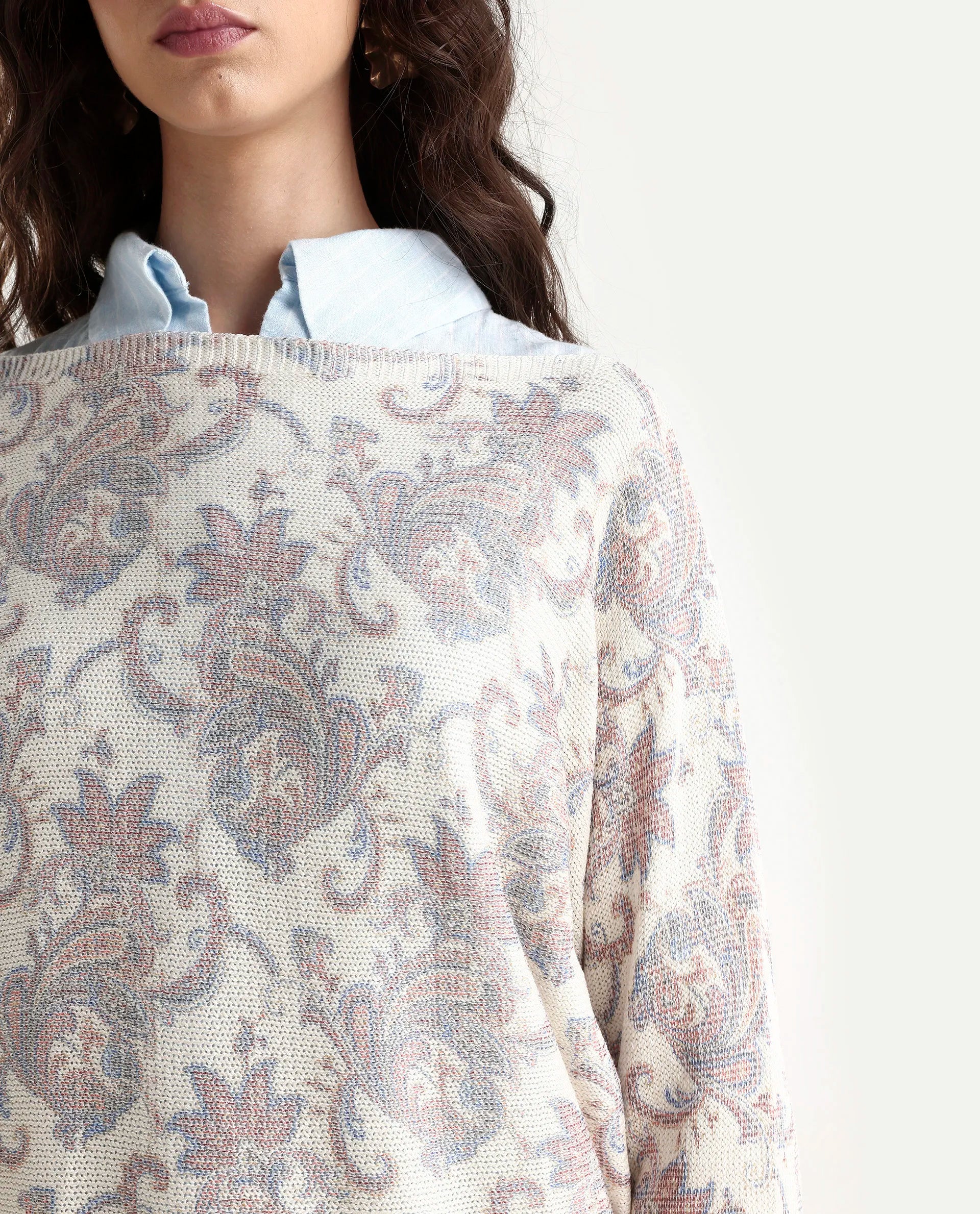 Rareism Women's Nupint Light Multi Viscose Blend Boat Neck Paisley Print Kimono Sleeve Relaxed Fit Top