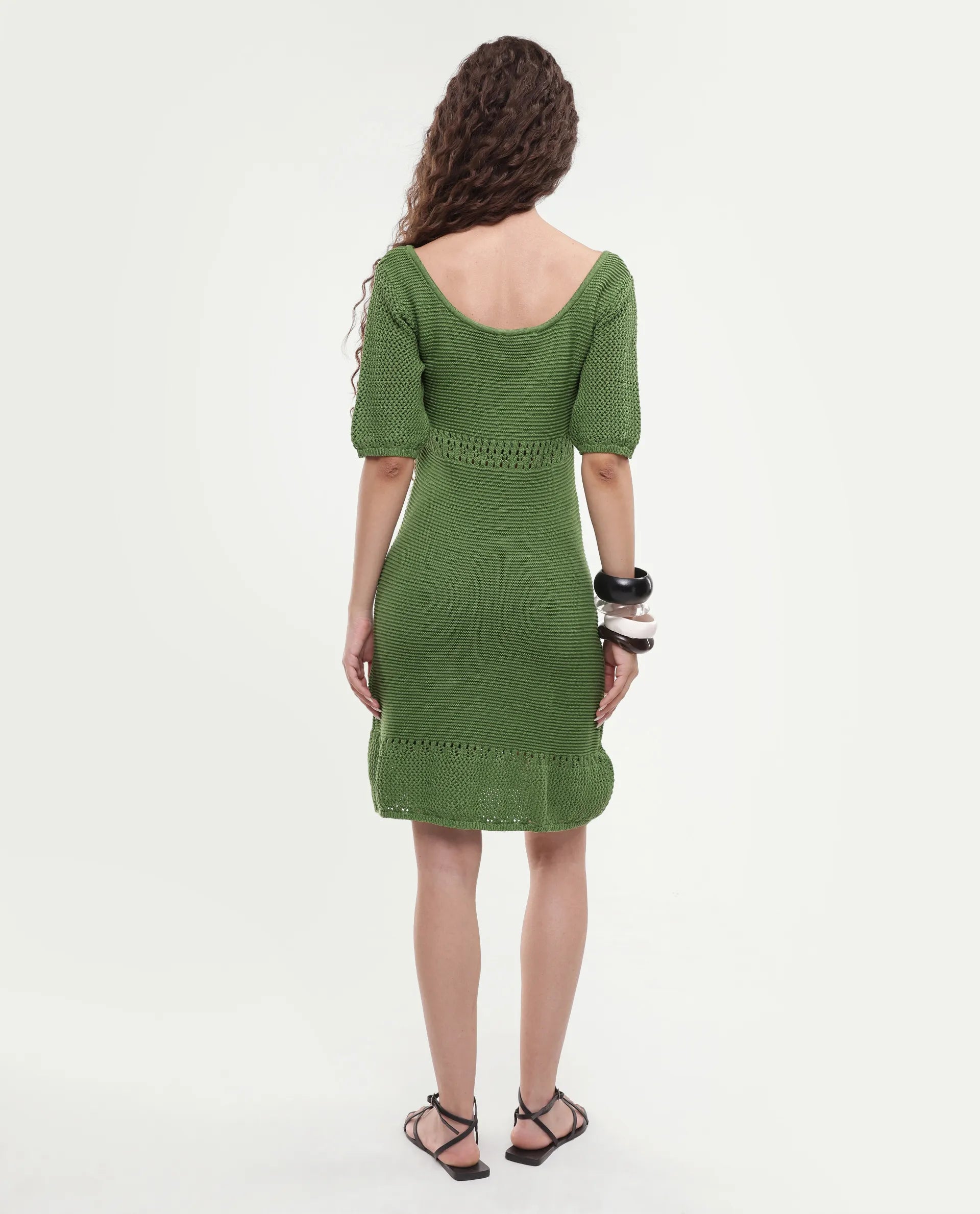 Rareism Women's Roncrod Dusky Olive Cotton Scoop Neck Plain Knee Length A-Line Dress