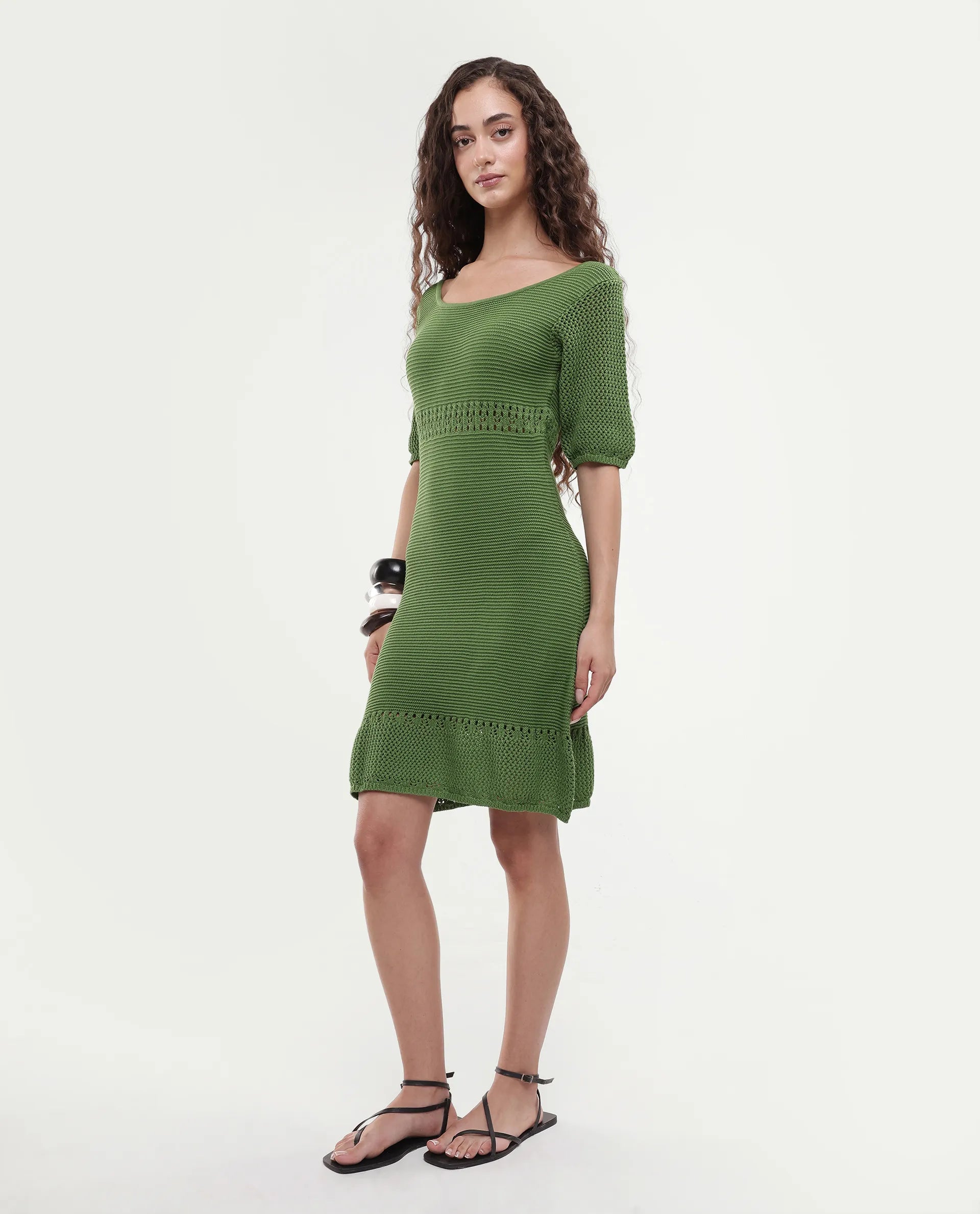 Rareism Women's Roncrod Dusky Olive Cotton Scoop Neck Plain Knee Length A-Line Dress