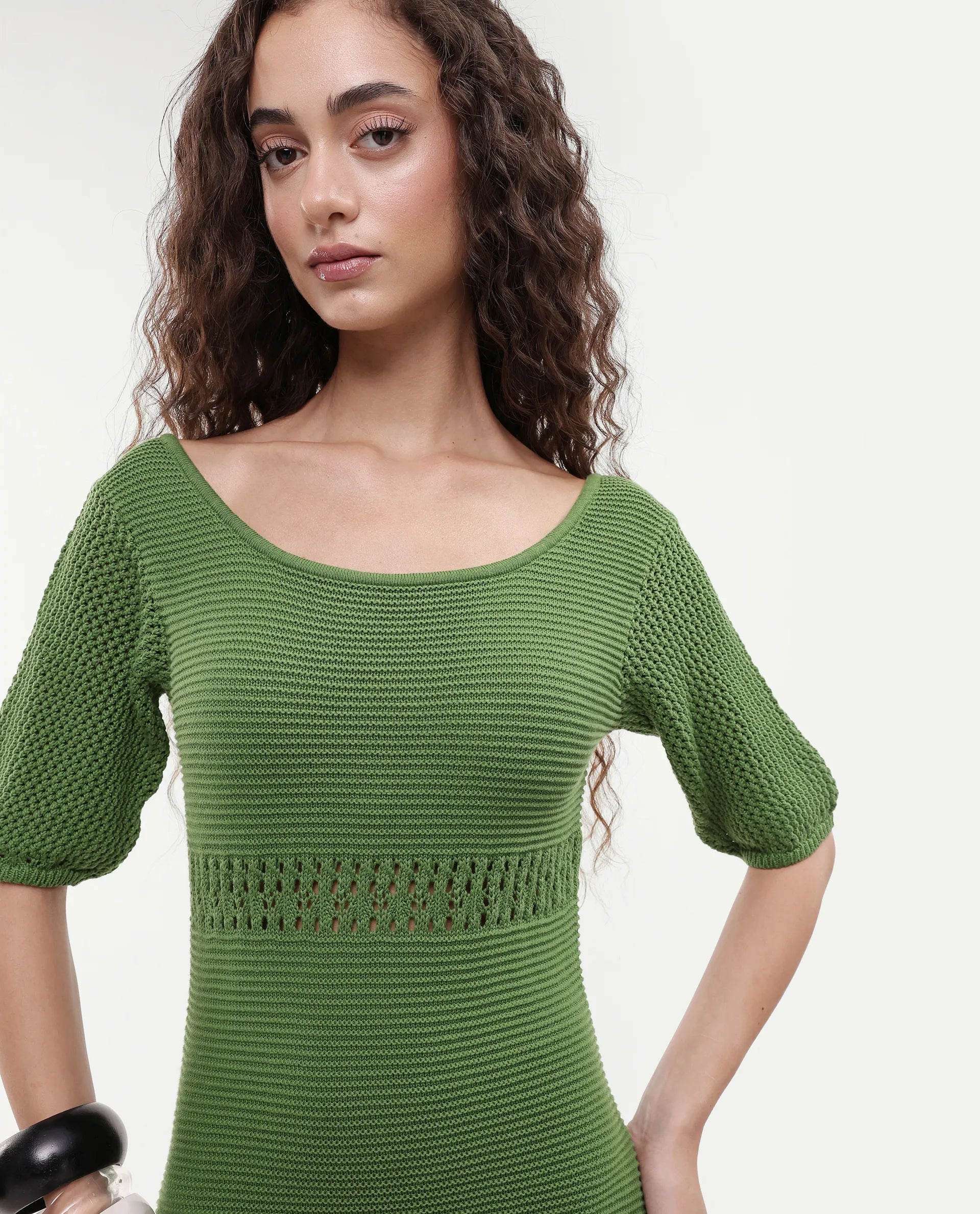 Rareism Women's Roncrod Dusky Olive Cotton Scoop Neck Plain Knee Length A-Line Dress