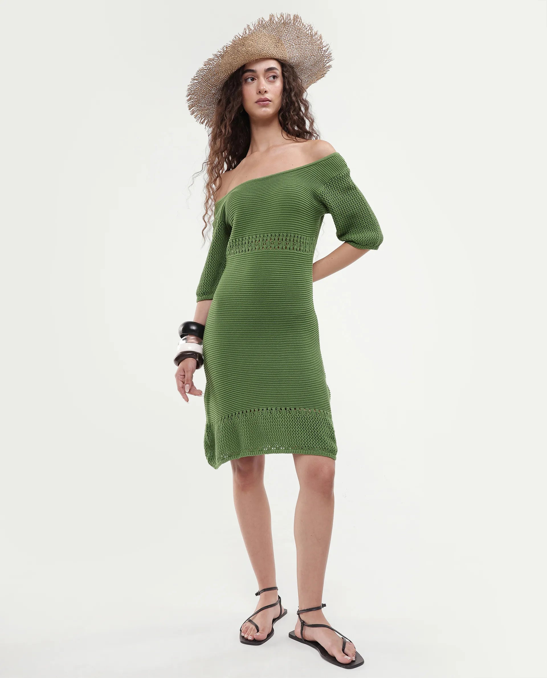 Rareism Women's Roncrod Dusky Olive Cotton Scoop Neck Plain Knee Length A-Line Dress