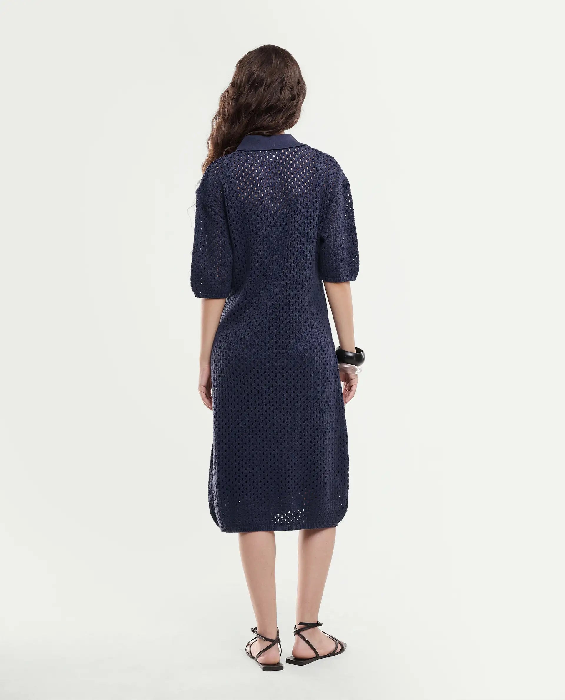Rareism Women's Ronpen Navy Cotton Spread Collar Plain Midi Straight Fit Dress