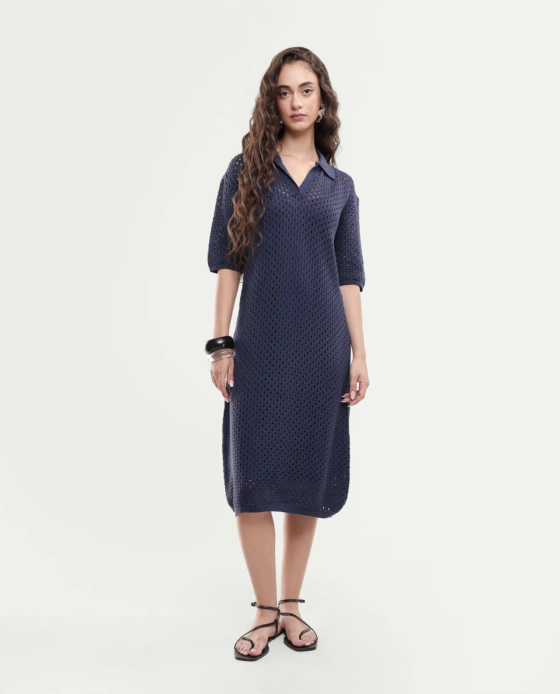 Rareism Women's Ronpen Navy Cotton Spread Collar Plain Midi Straight Fit Dress