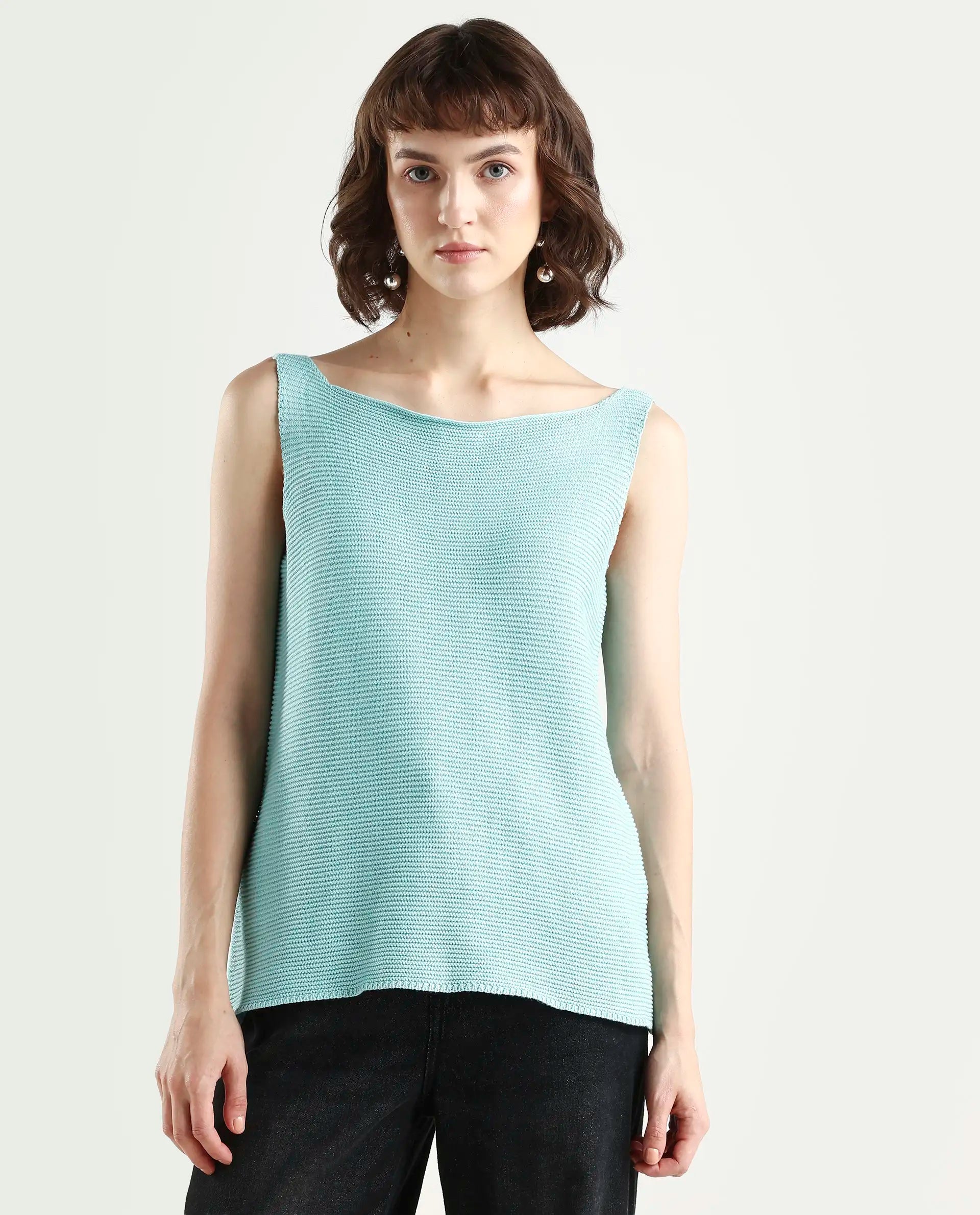 Rareism Women's Prewig Light Blue Cotton Scoop Neck Plain Sleeveless Regular Fit Top