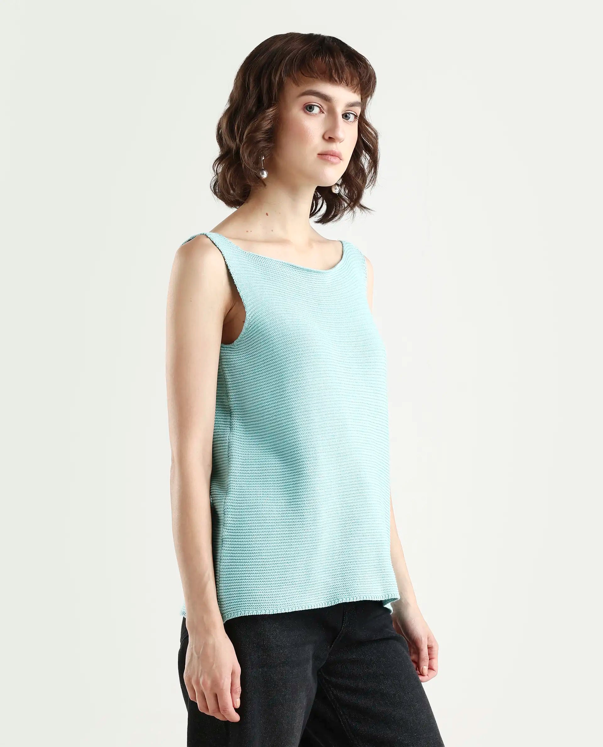 Rareism Women's Prewig Light Blue Cotton Scoop Neck Plain Sleeveless Regular Fit Top