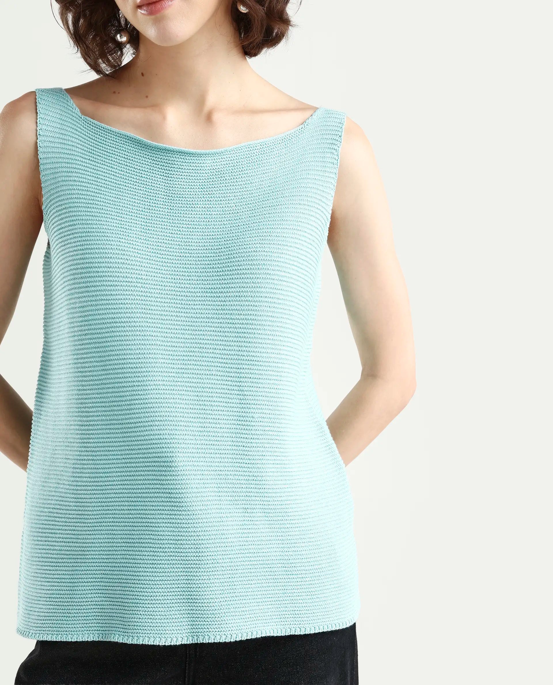 Rareism Women's Prewig Light Blue Cotton Scoop Neck Plain Sleeveless Regular Fit Top