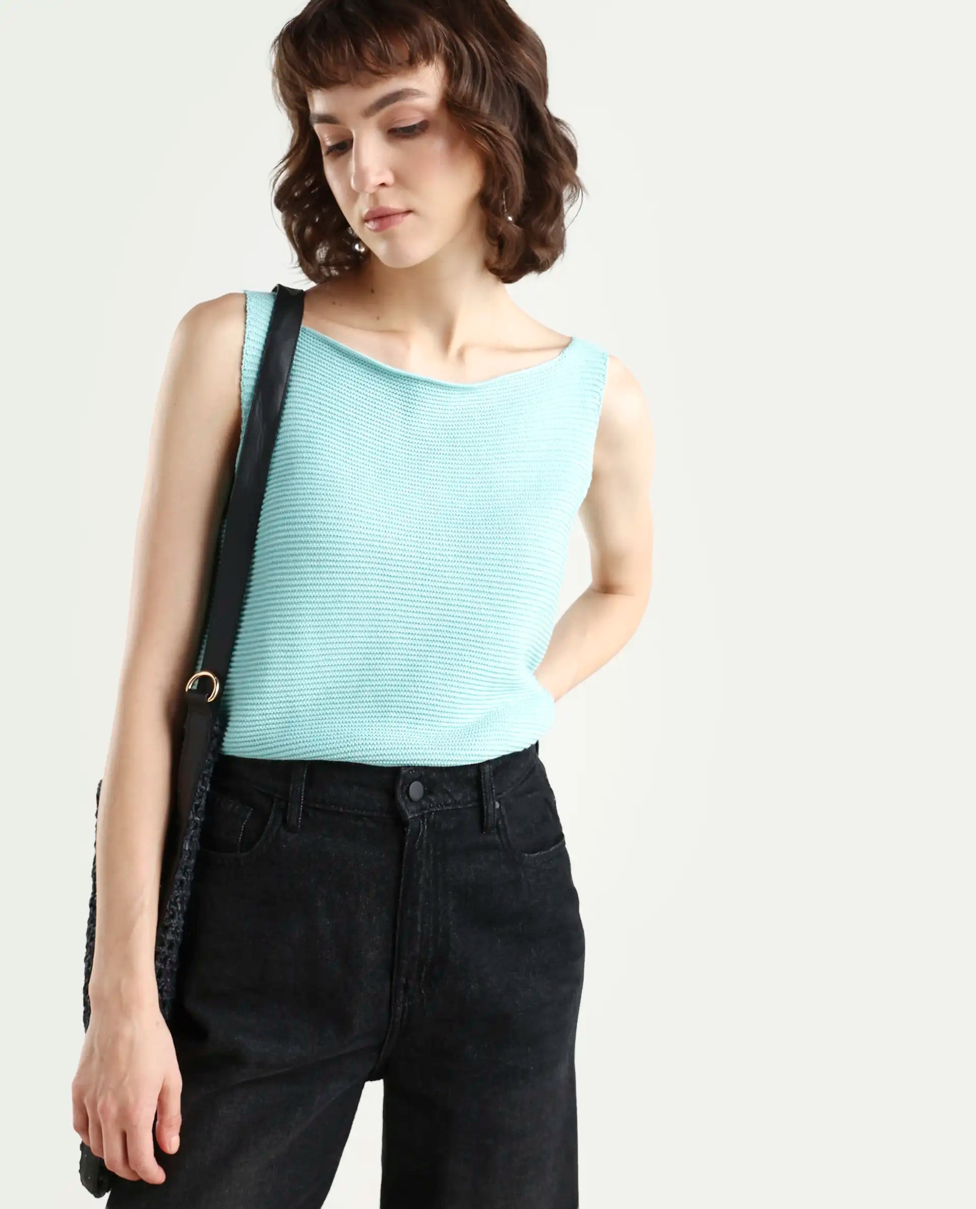 Rareism Women's Prewig Light Blue Cotton Scoop Neck Plain Sleeveless Regular Fit Top