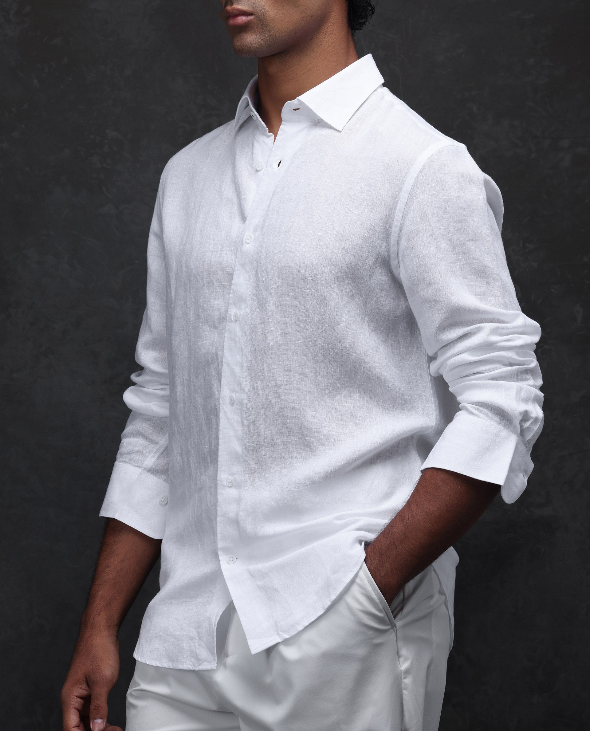 Rare Rabbit Men's Linex Ls-25 White Linen Blend Plain Regular Fit Full Sleeve Collared Shirt