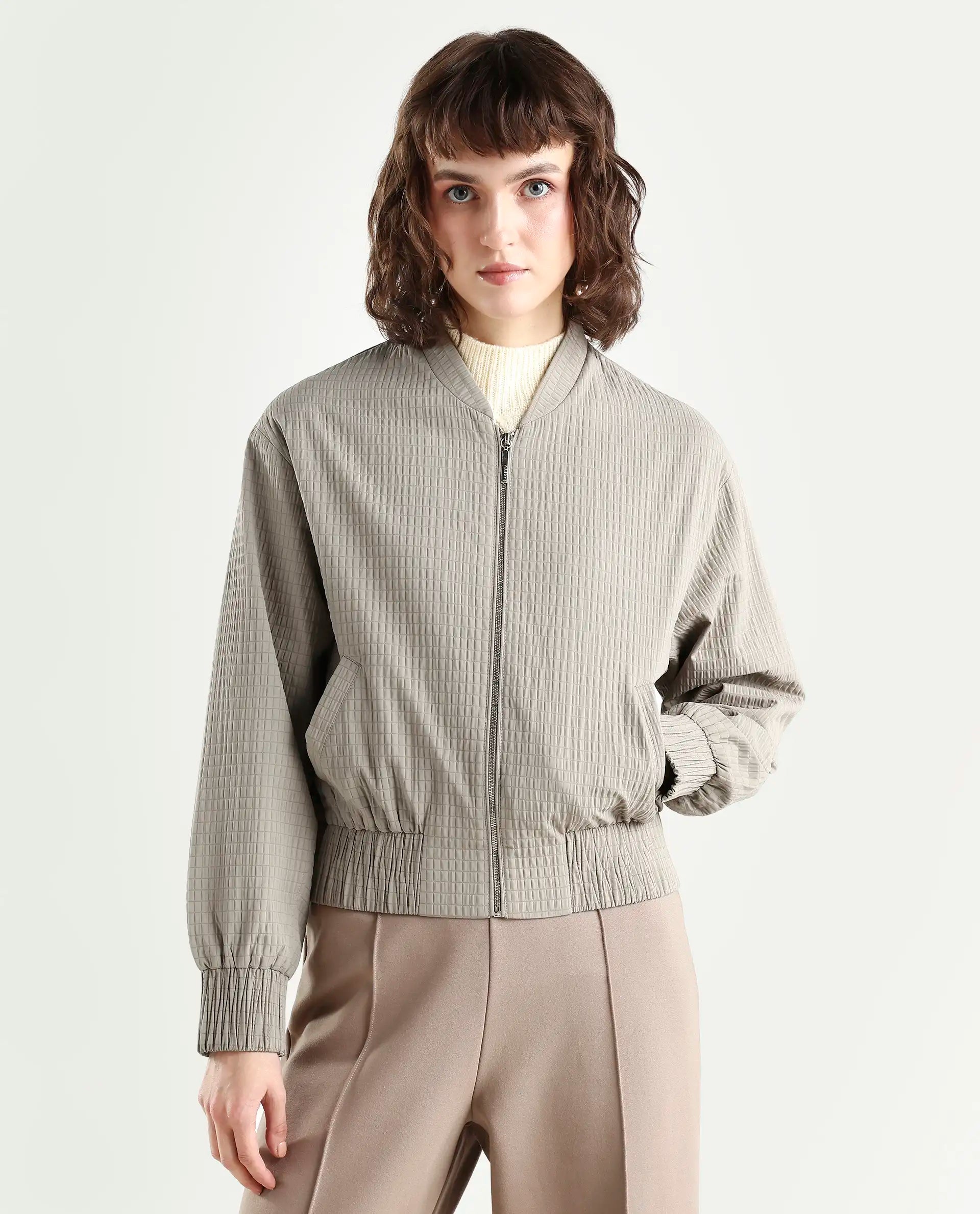 Rareism Women's Omri Cement Polyester Mandrin Collar Regular Plain Jacket