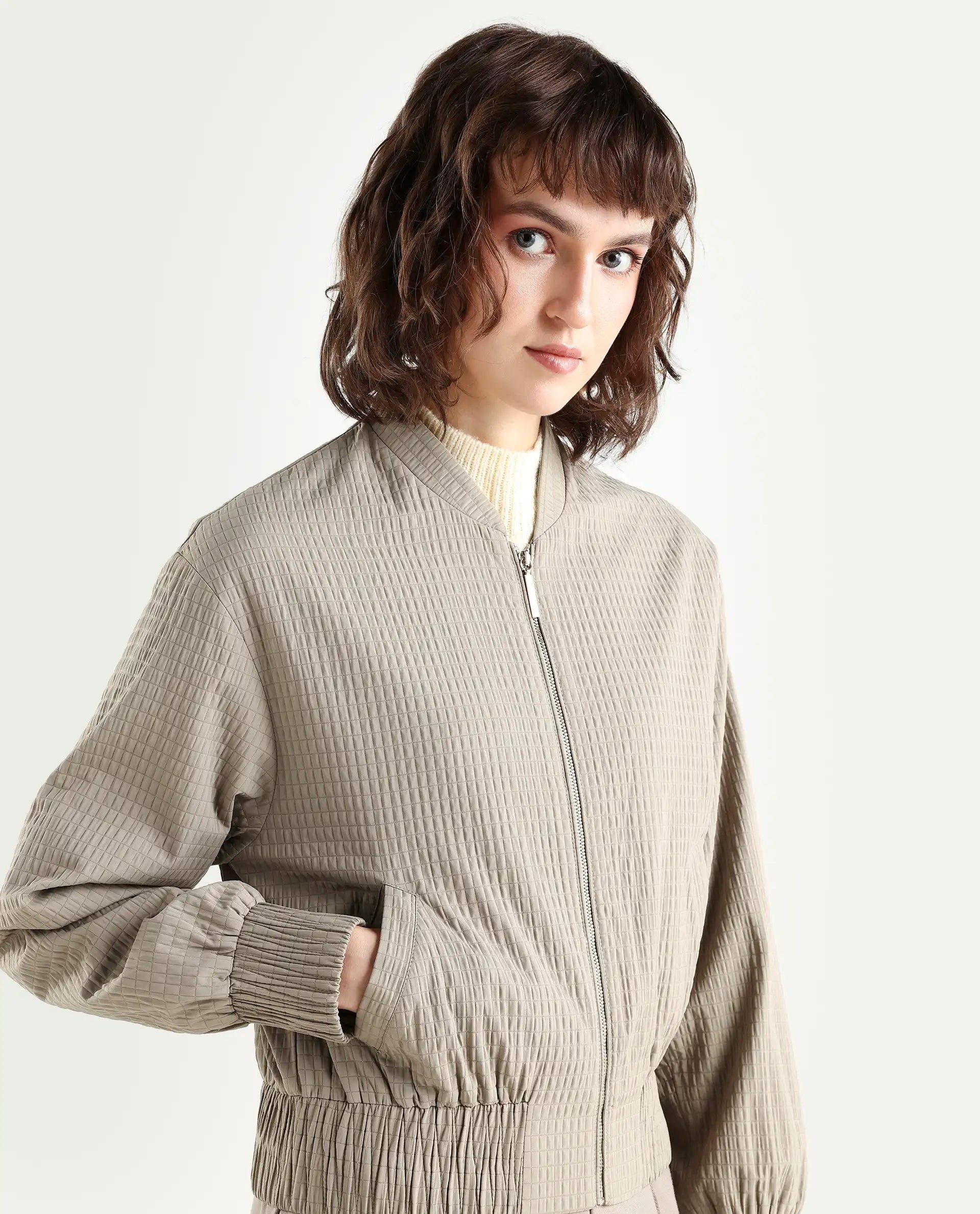 Rareism Women's Omri Cement Polyester Mandrin Collar Regular Plain Jacket