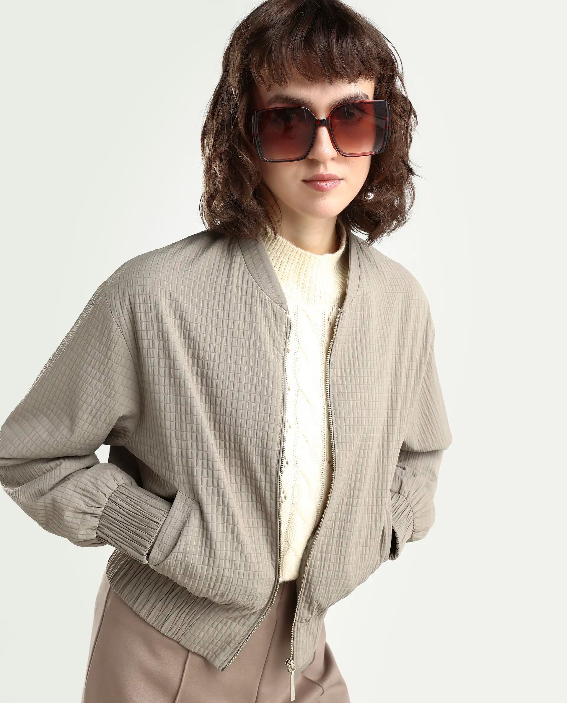 Rareism Women's Omri Cement Polyester Mandrin Collar Regular Plain Jacket