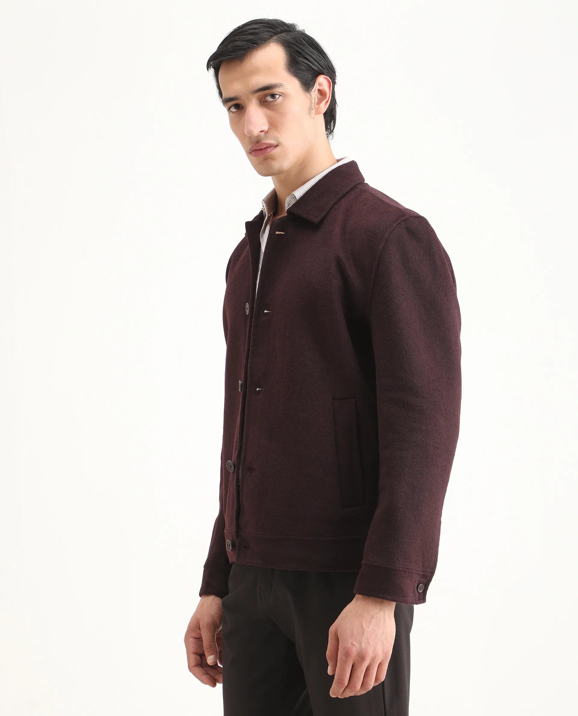 Rare Rabbit Men's Kanei Dark Maroon Polyester Blend Fabric Collared Neck Regular Plain Jacket