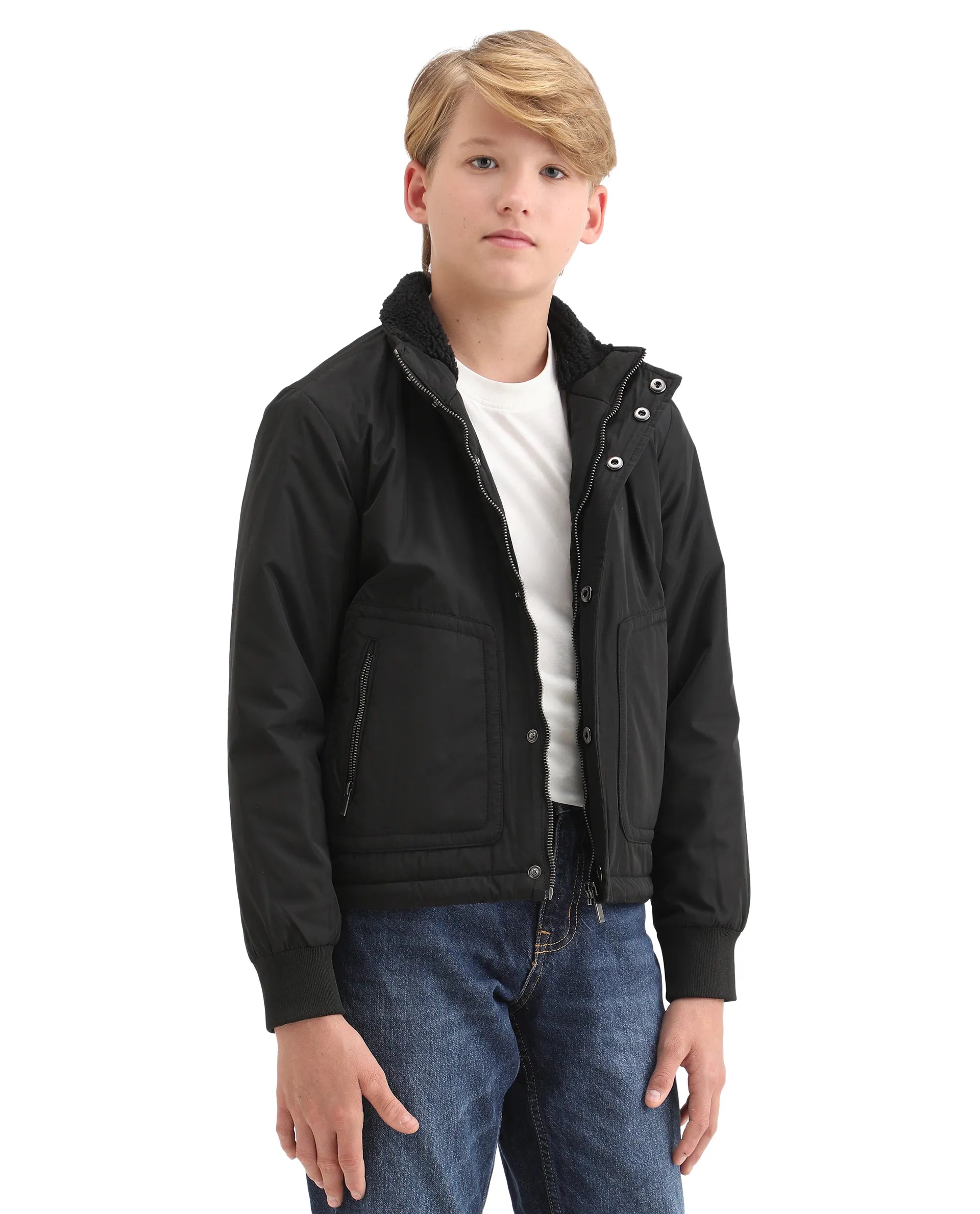 Rare Ones Kids Wick Black Polyester Zipper Closure High Neck Plain Full Sleeves Regular Fit Jacket