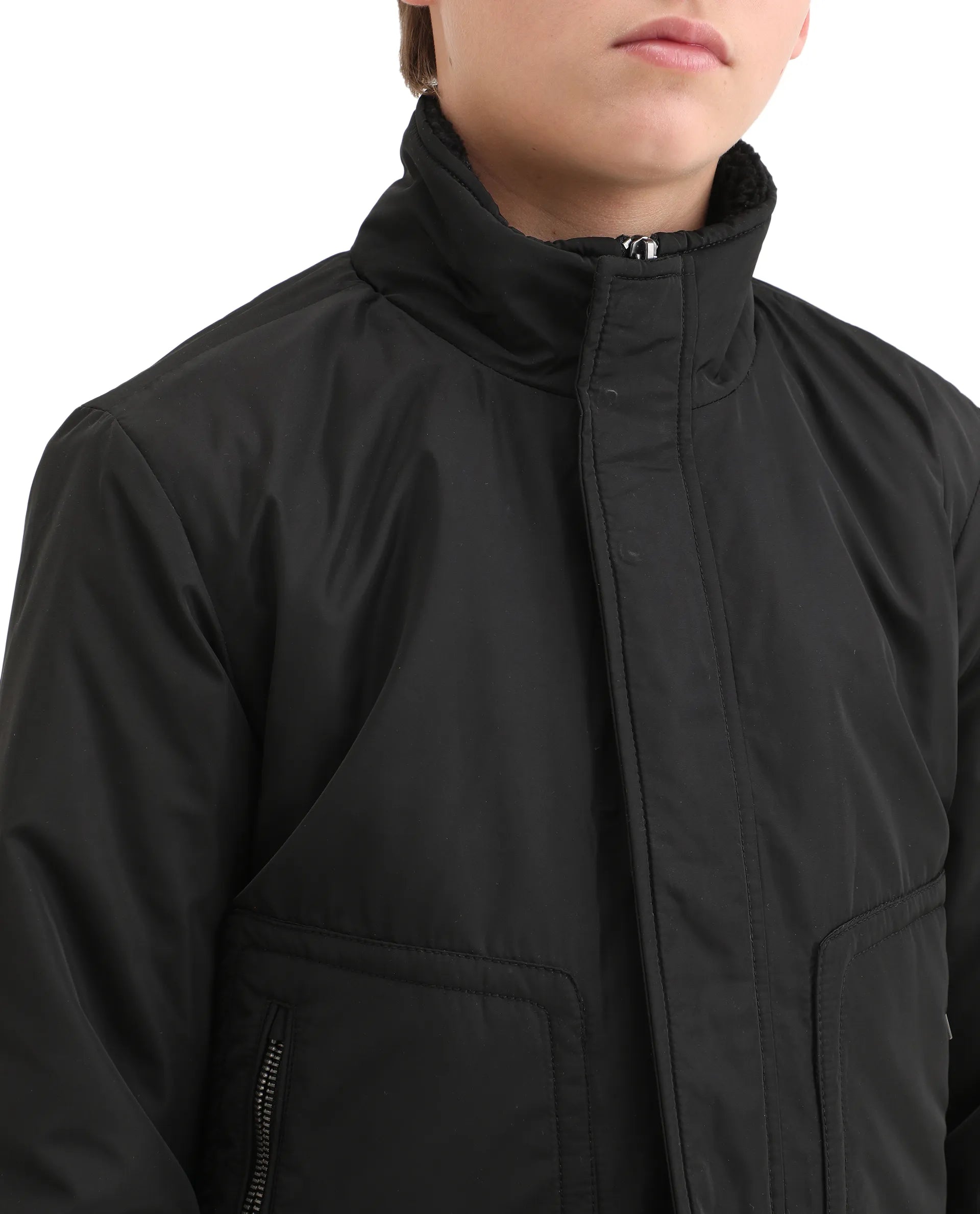 Rare Ones Kids Wick Black Polyester Zipper Closure High Neck Plain Full Sleeves Regular Fit Jacket