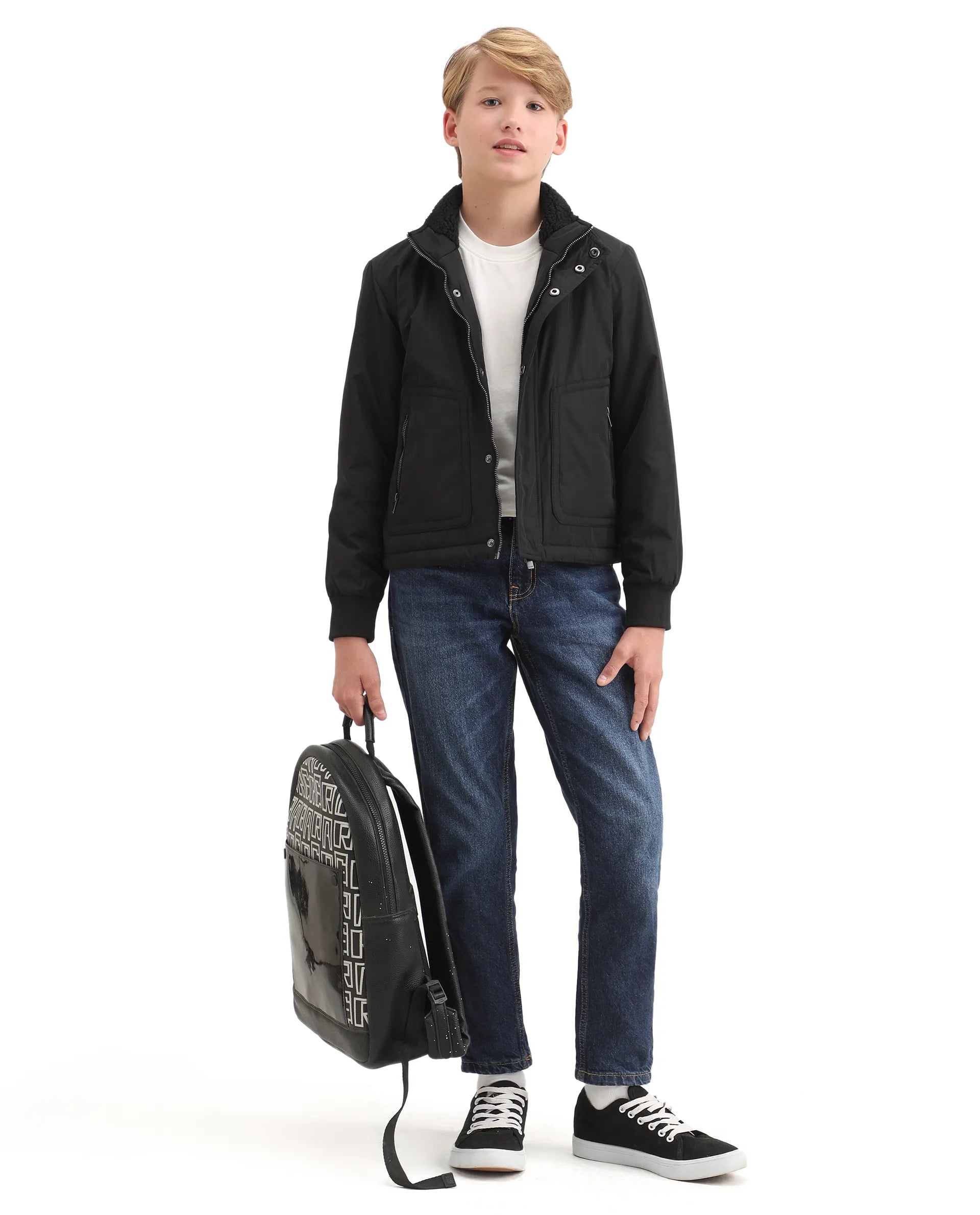 Rare Ones Kids Wick Black Polyester Zipper Closure High Neck Plain Full Sleeves Regular Fit Jacket